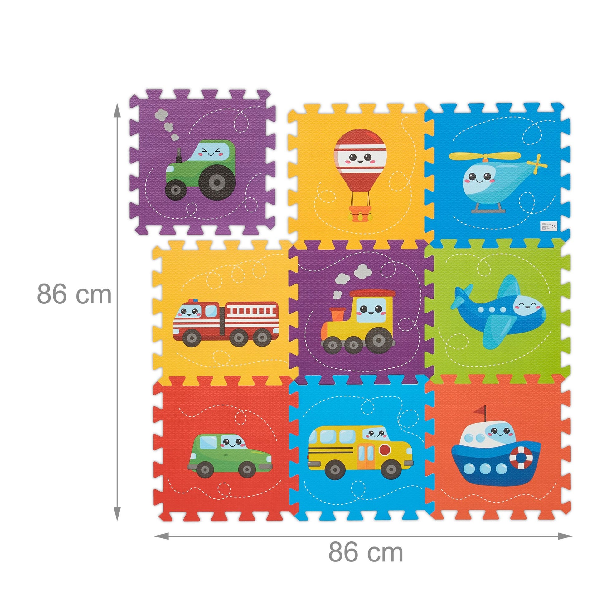 Puzzlematte mit Fahrzeugen Blau-Gelb-Lila von Relaxdays
