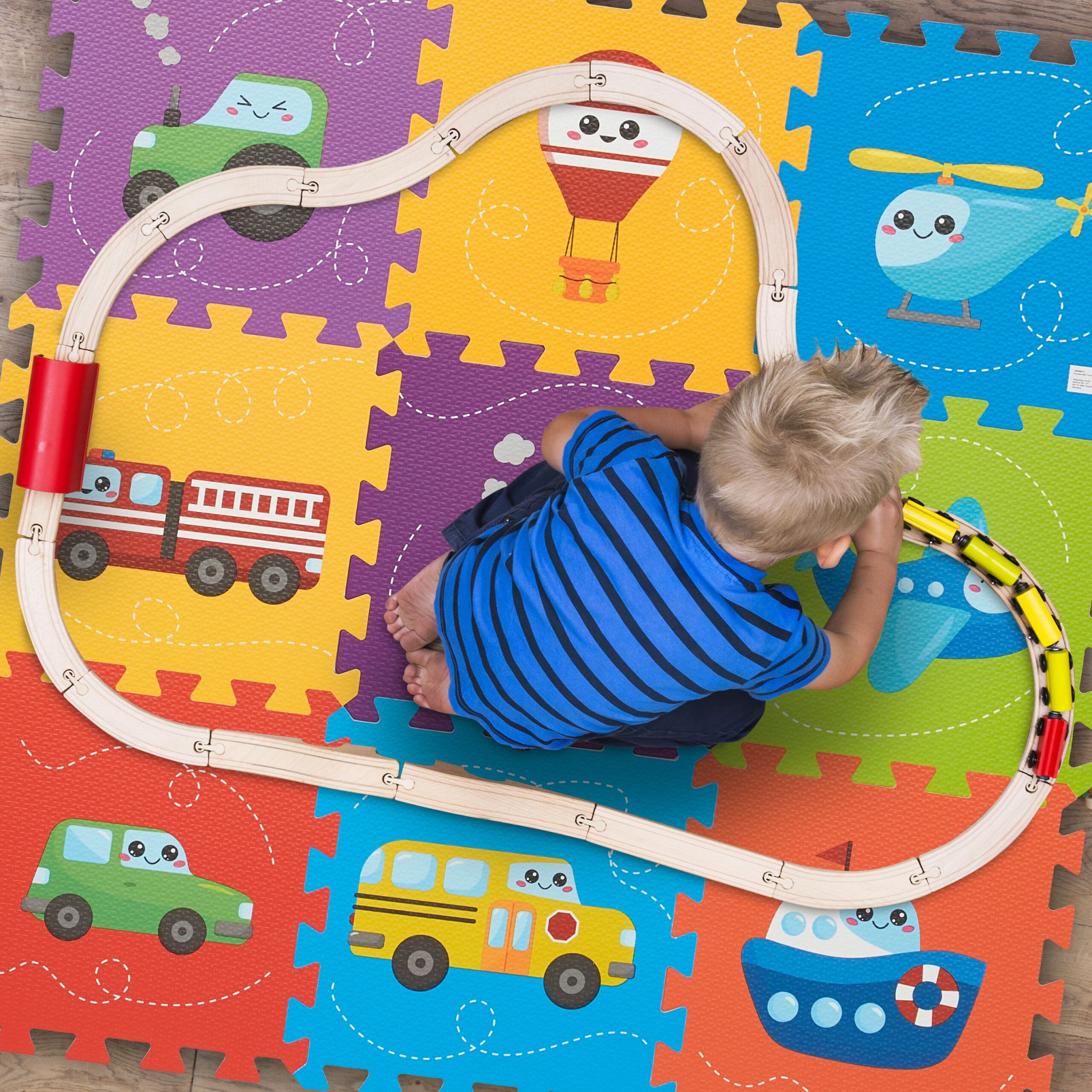Puzzlematte mit Fahrzeugen Blau-Gelb-Lila von Relaxdays
