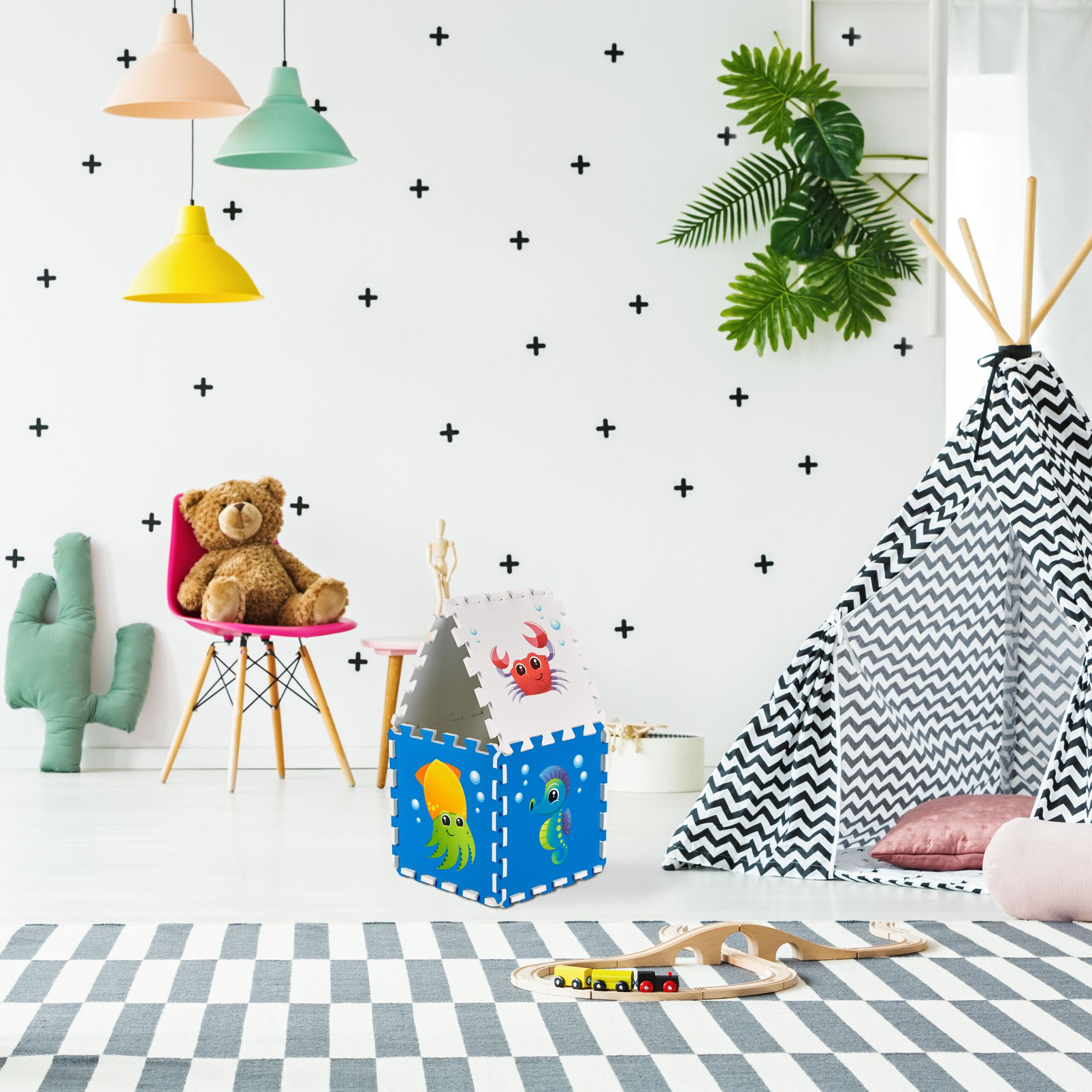 Puzzlematte mit Meerestieren Weiss-Blau von Relaxdays