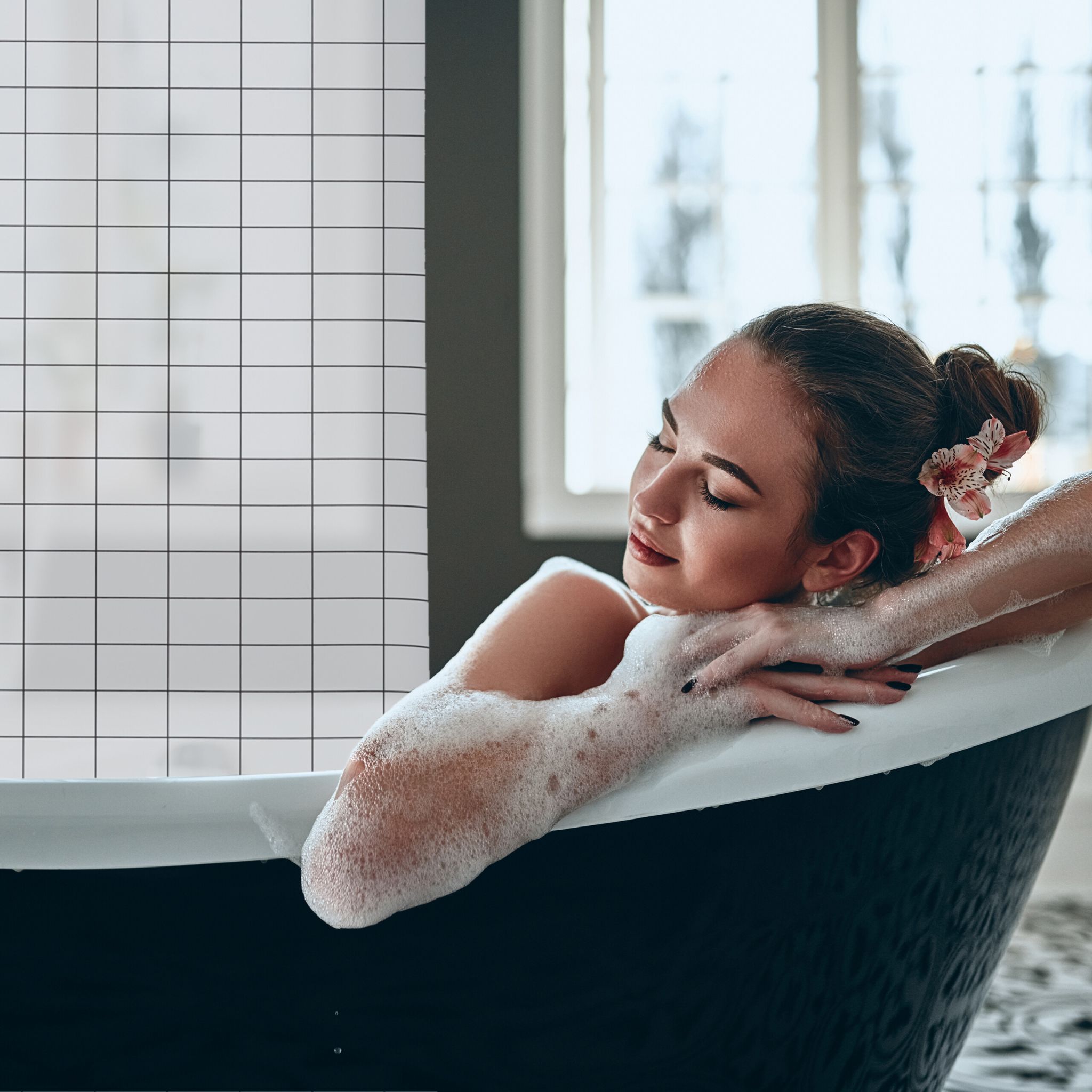Kariertes Duschrollo Weiss-Schwarz von Relaxdays