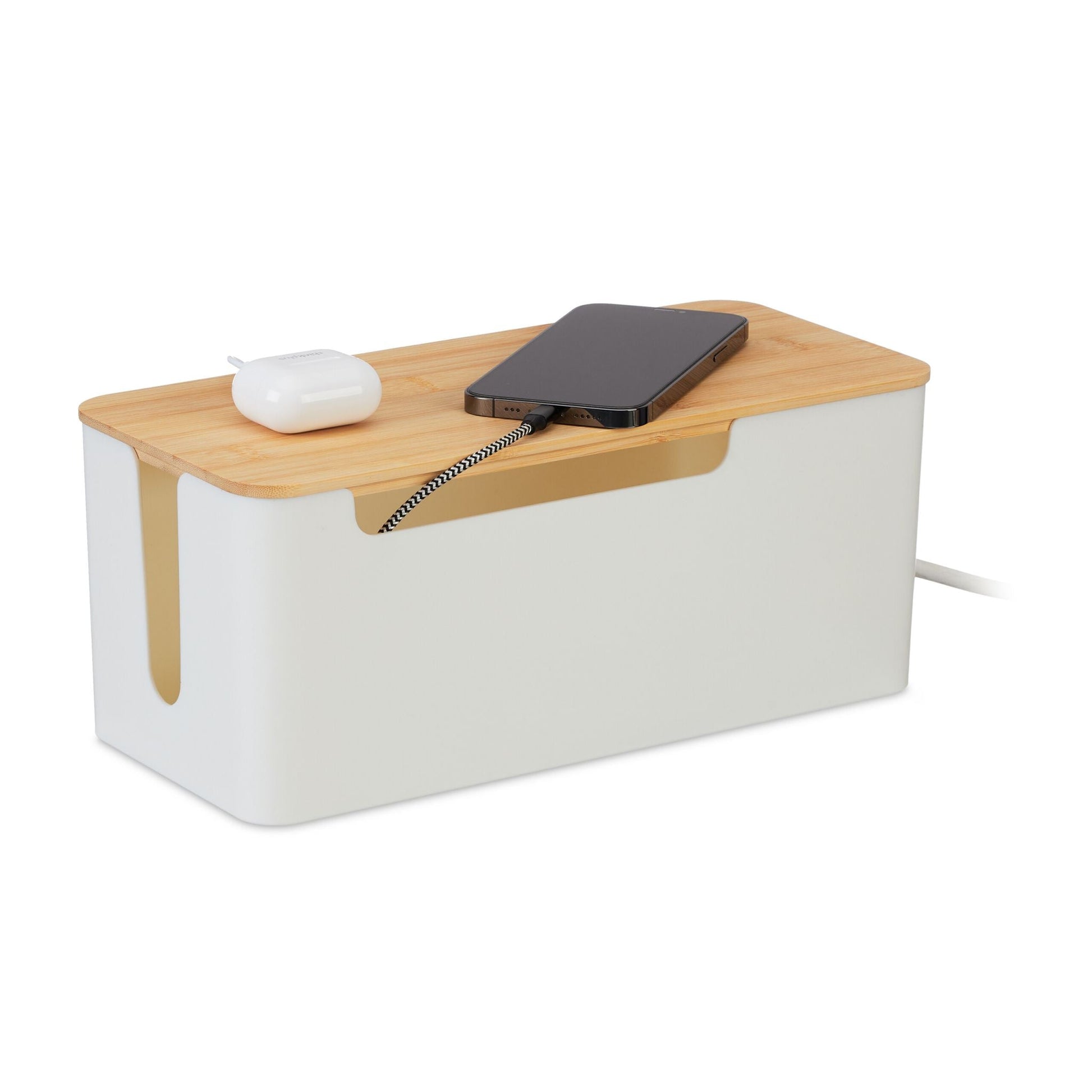 Kabelbox mit Bambusdeckel Weiss-Hellbraun von Relaxdays