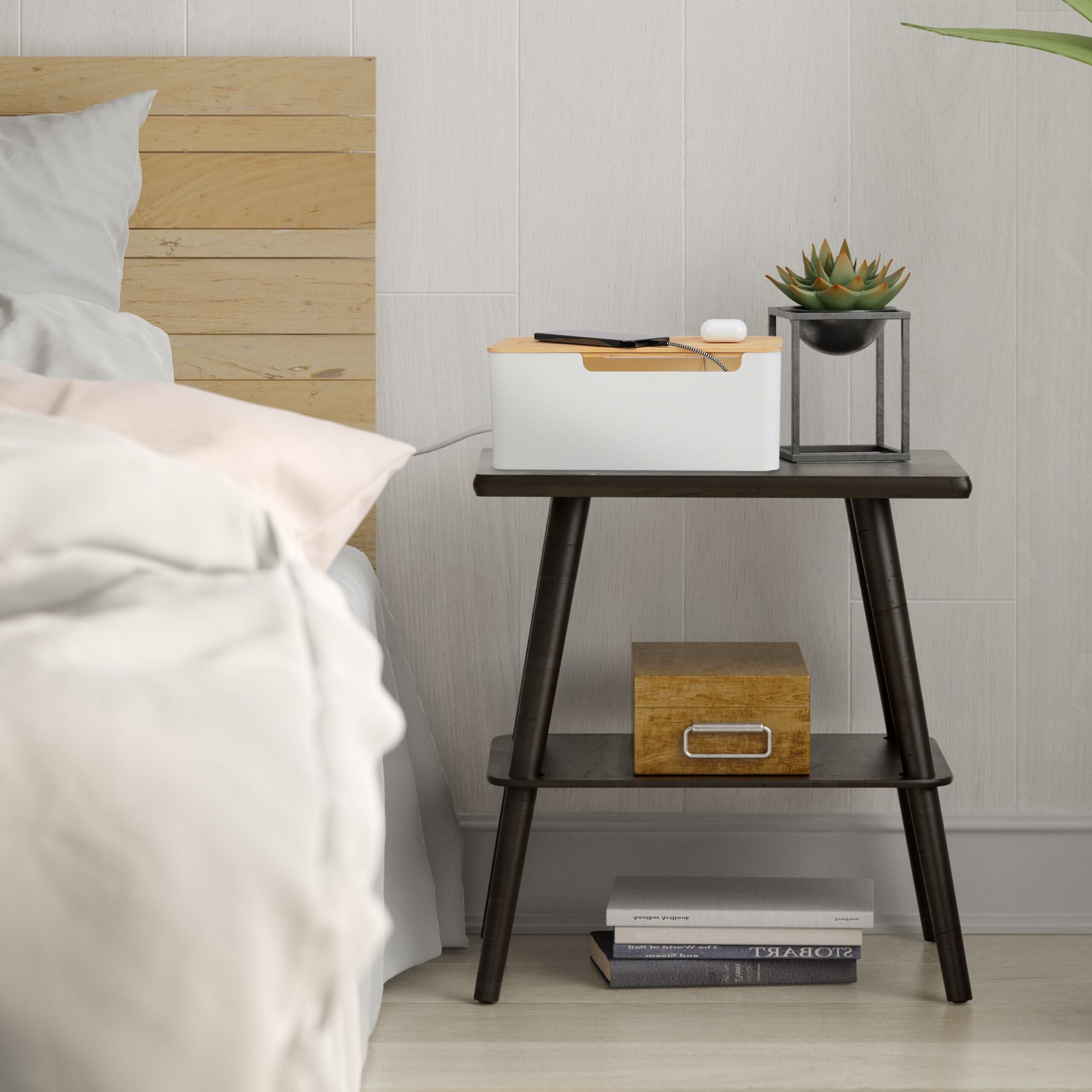Kabelbox mit Bambusdeckel Weiss-Hellbraun von Relaxdays