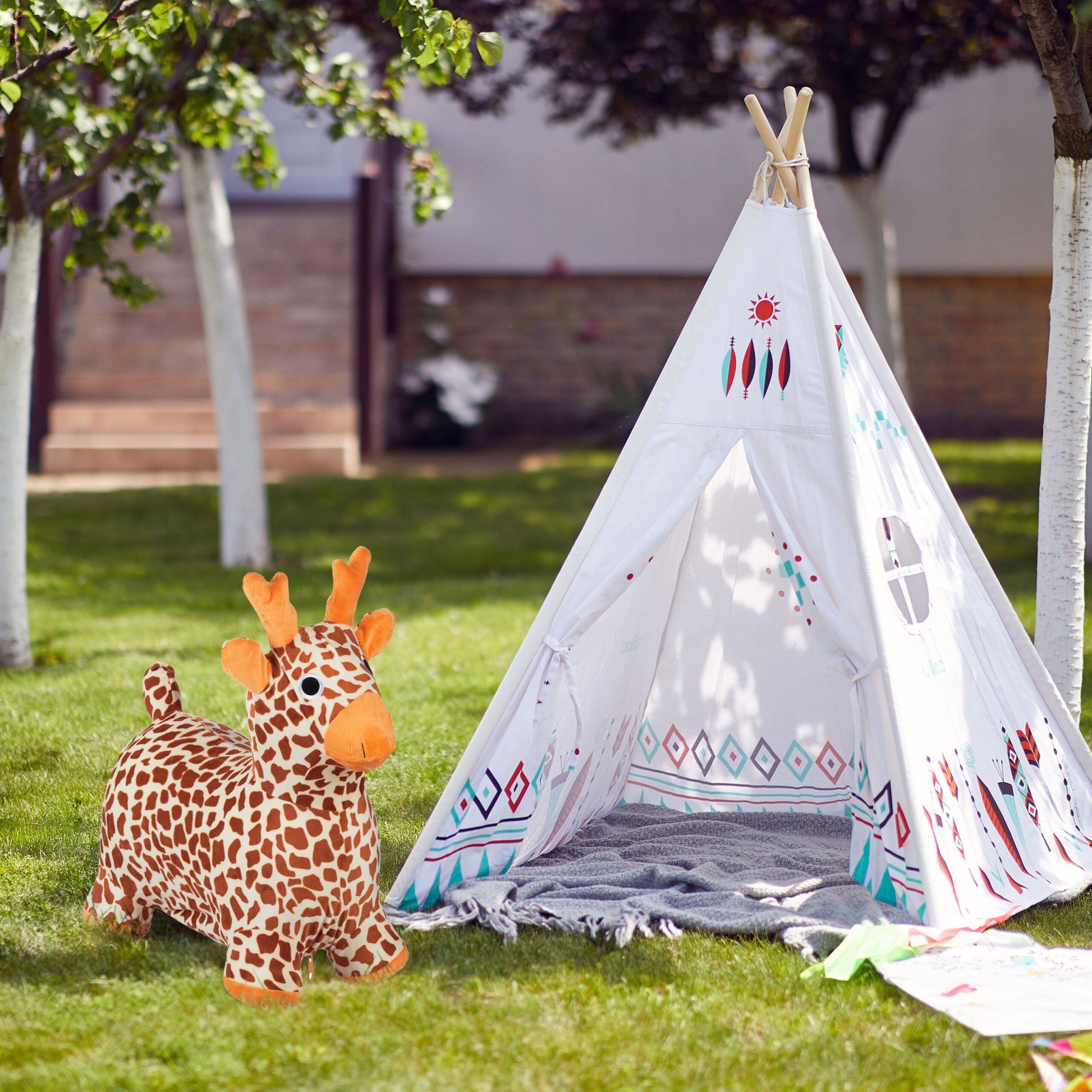 Hüpftier Giraffe mit Bezug Creme-Hellbraun-Orange von Relaxdays