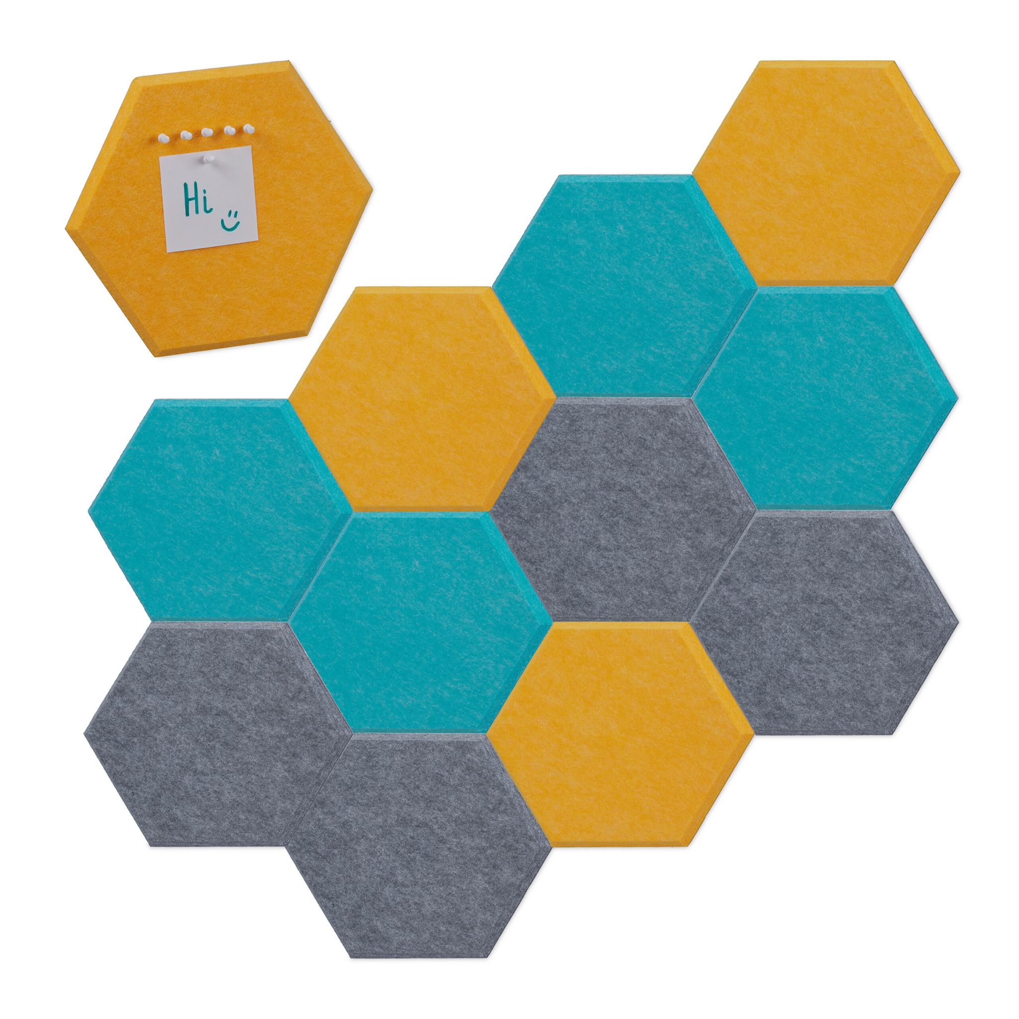 Filzpinnwand Sechsecke 12er-Set Gelb-Hellblau-Grau von Relaxdays
