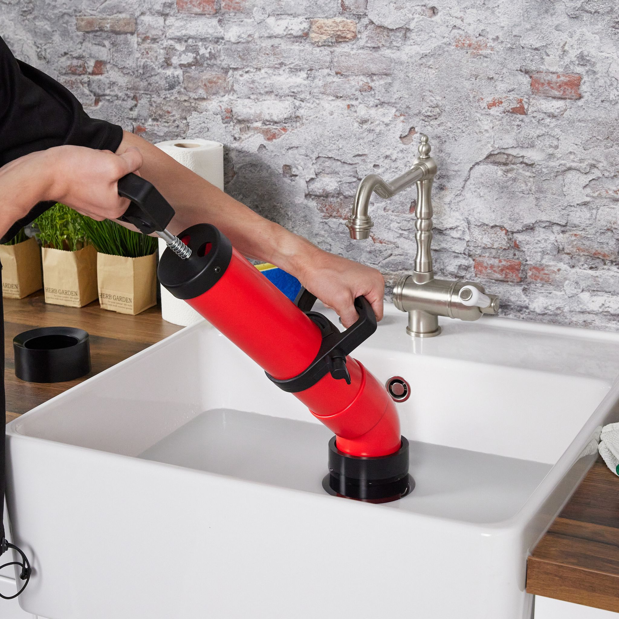 Rohrreinigungspumpe 2 Aufsätze Rot-Schwarz von Relaxdays