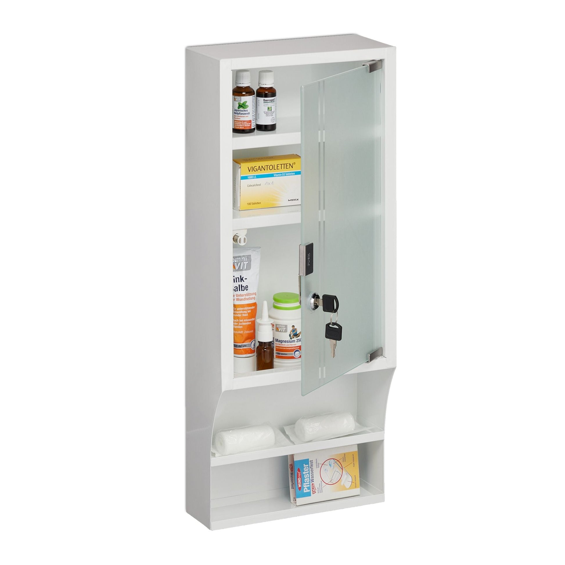 Abschliessbarer Medizinschrank Glastür Weiss-Silber-Transparent von Relaxdays
