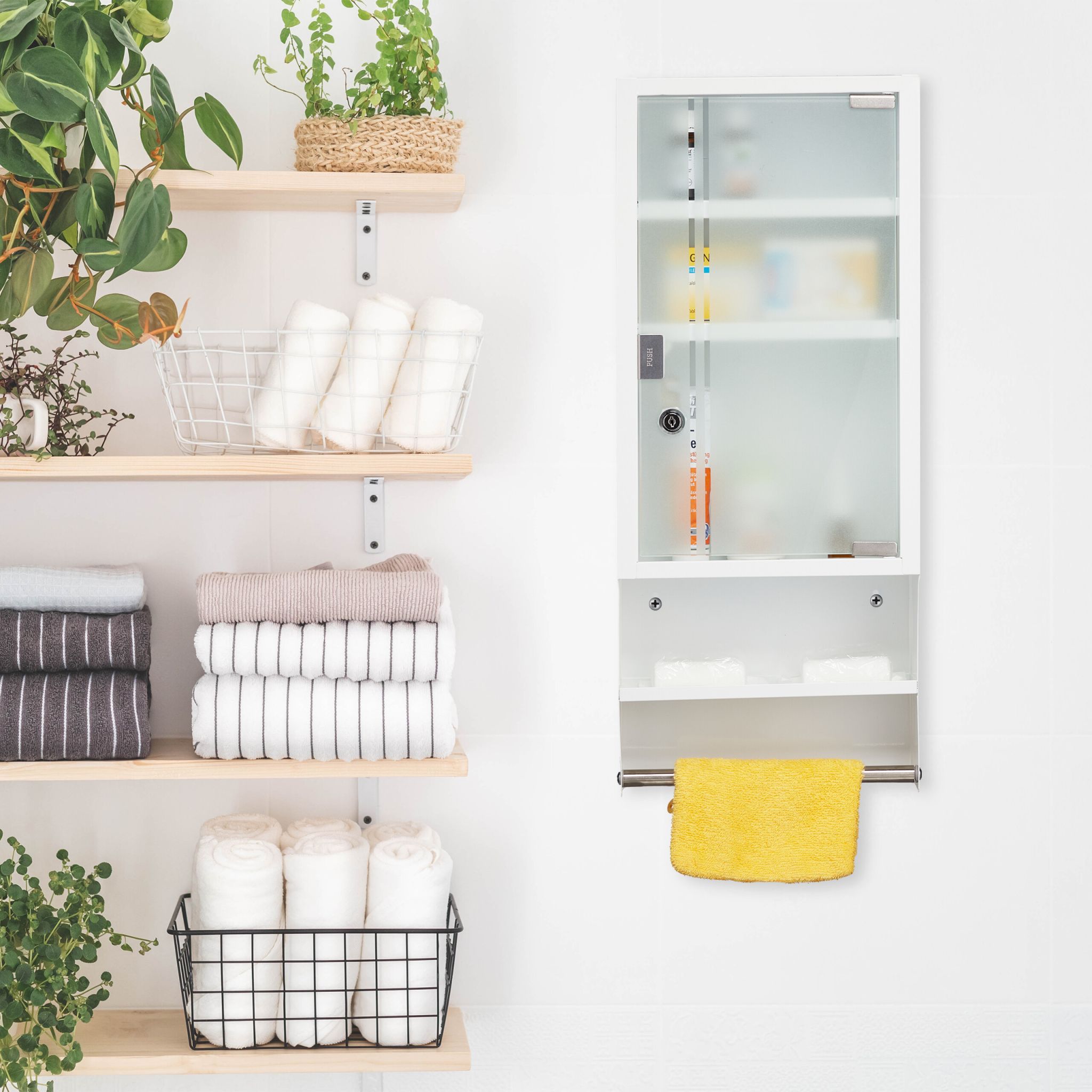 Abschliessbarer Medizinschrank Glastür Weiss-Silber-Transparent von Relaxdays