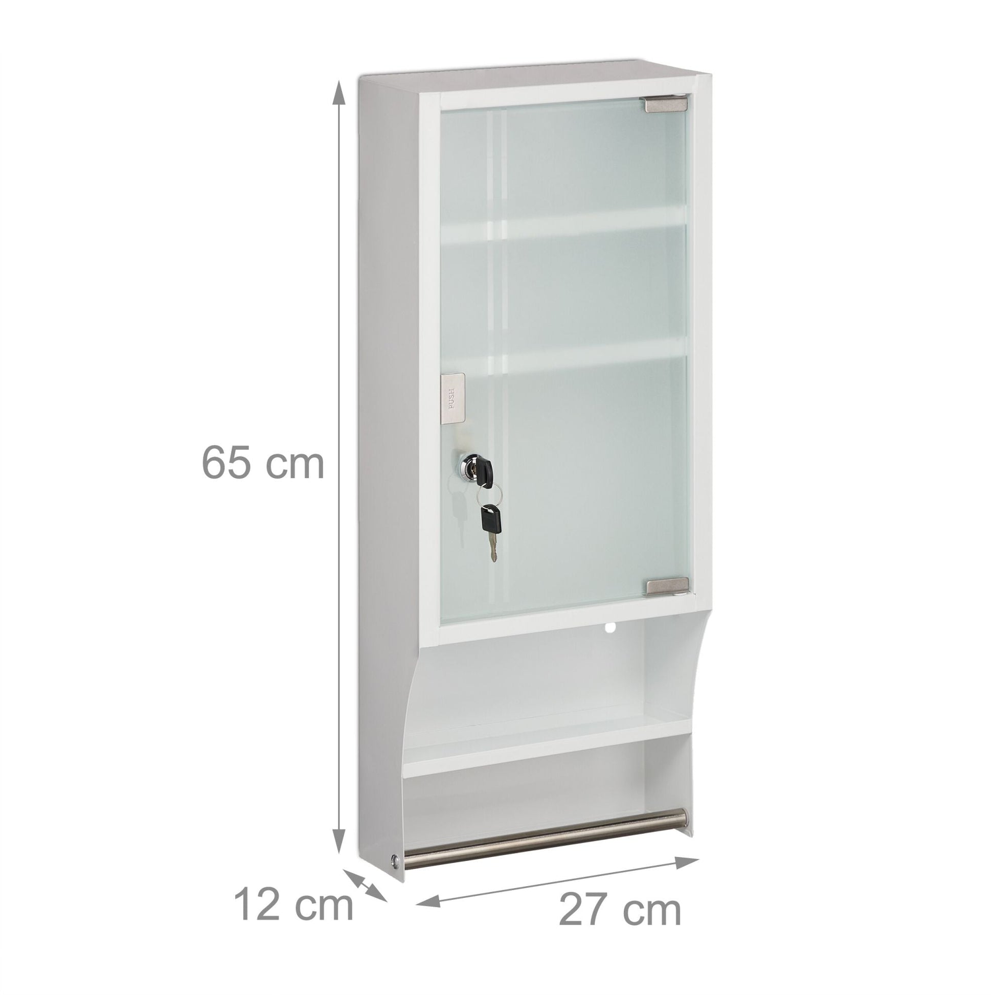 Abschliessbarer Medizinschrank Glastür Weiss-Silber-Transparent von Relaxdays