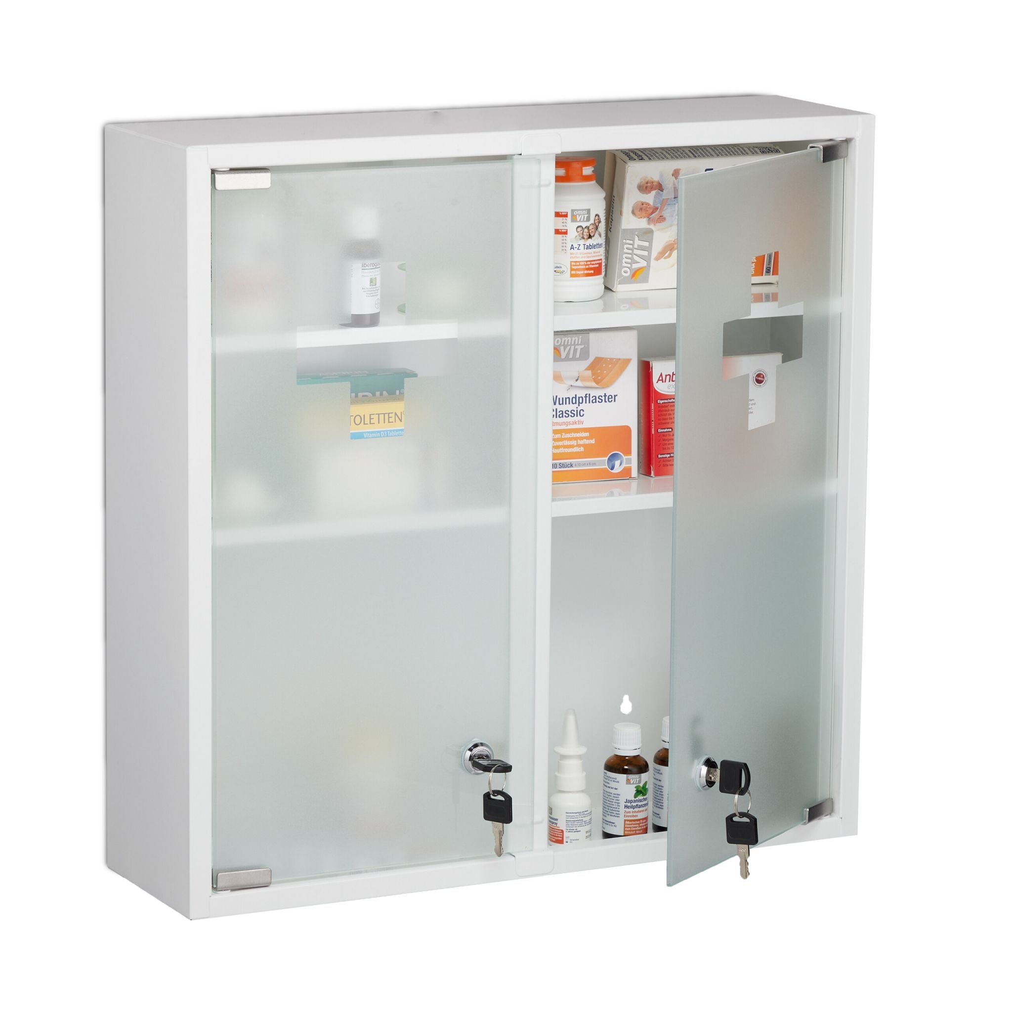 Abschliessbarer Medizinschrank Doppeltür Weiss-Silber-Transparent von Relaxdays