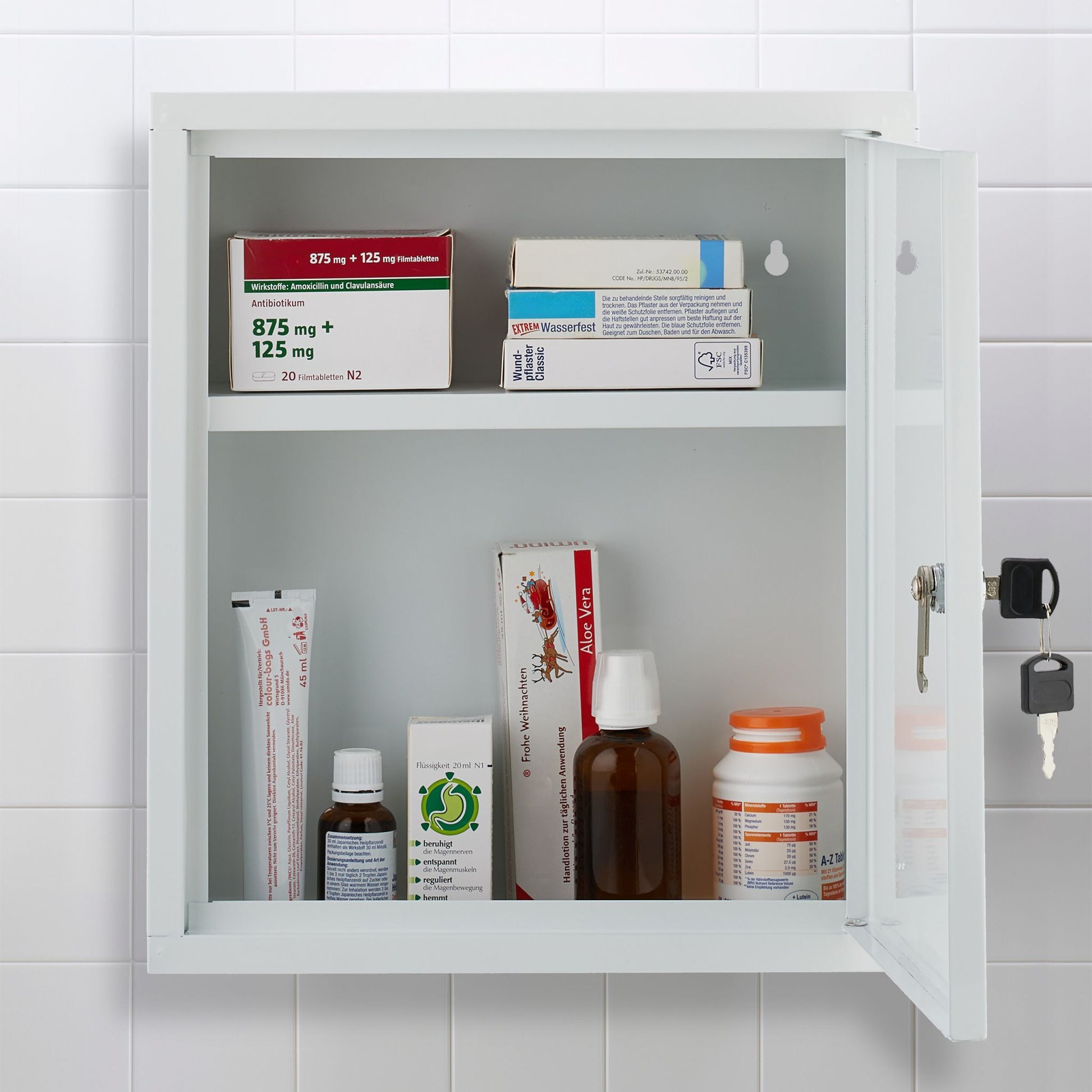 Abschliessbarer Medizinschrank Weiss-Grün-Silber von Relaxdays