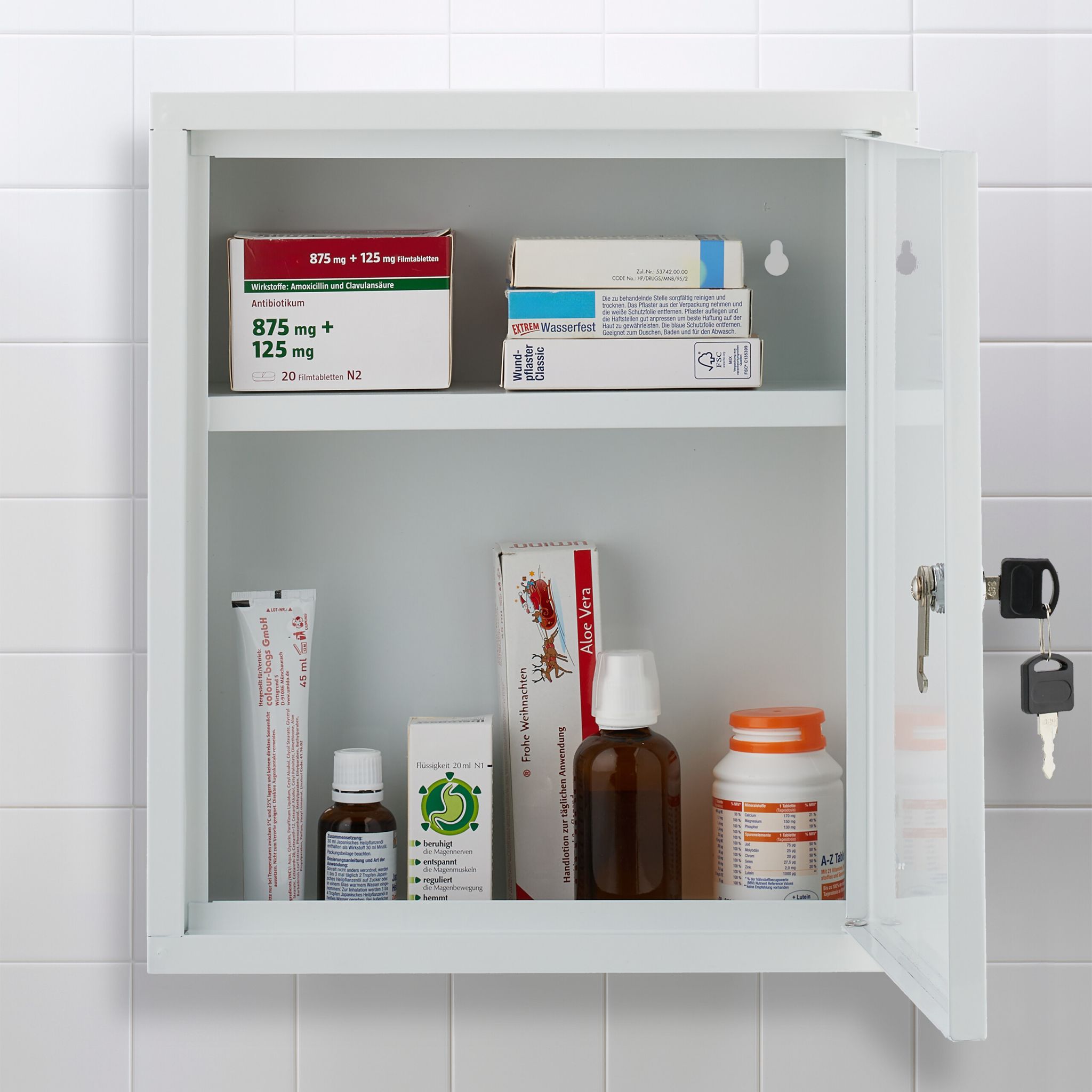 Abschliessbarer Medizinschrank Weiss-Grün-Silber von Relaxdays
