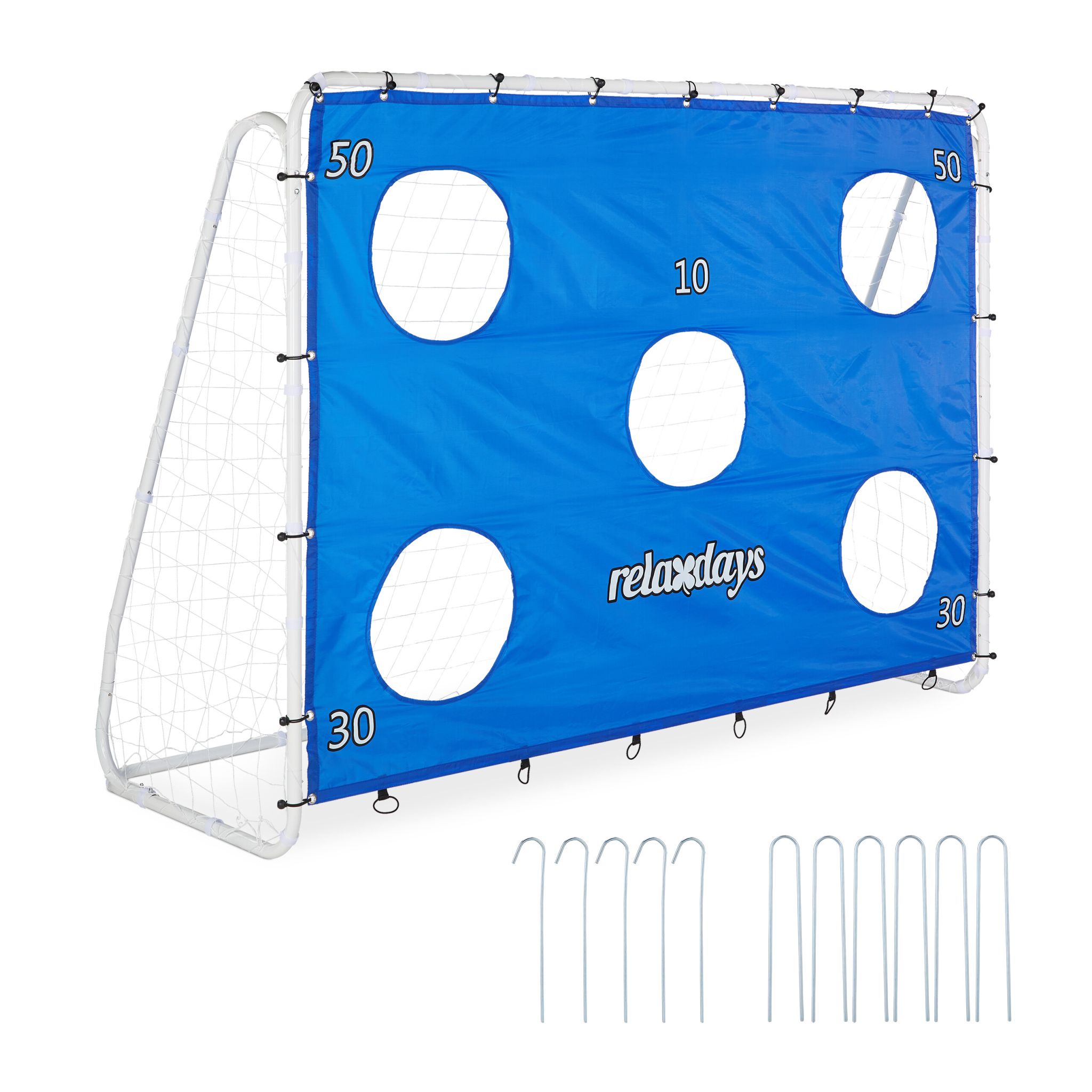 Grosses Fussballtor mit Torwand Weiss-Blau-Schwarz von Relaxdays