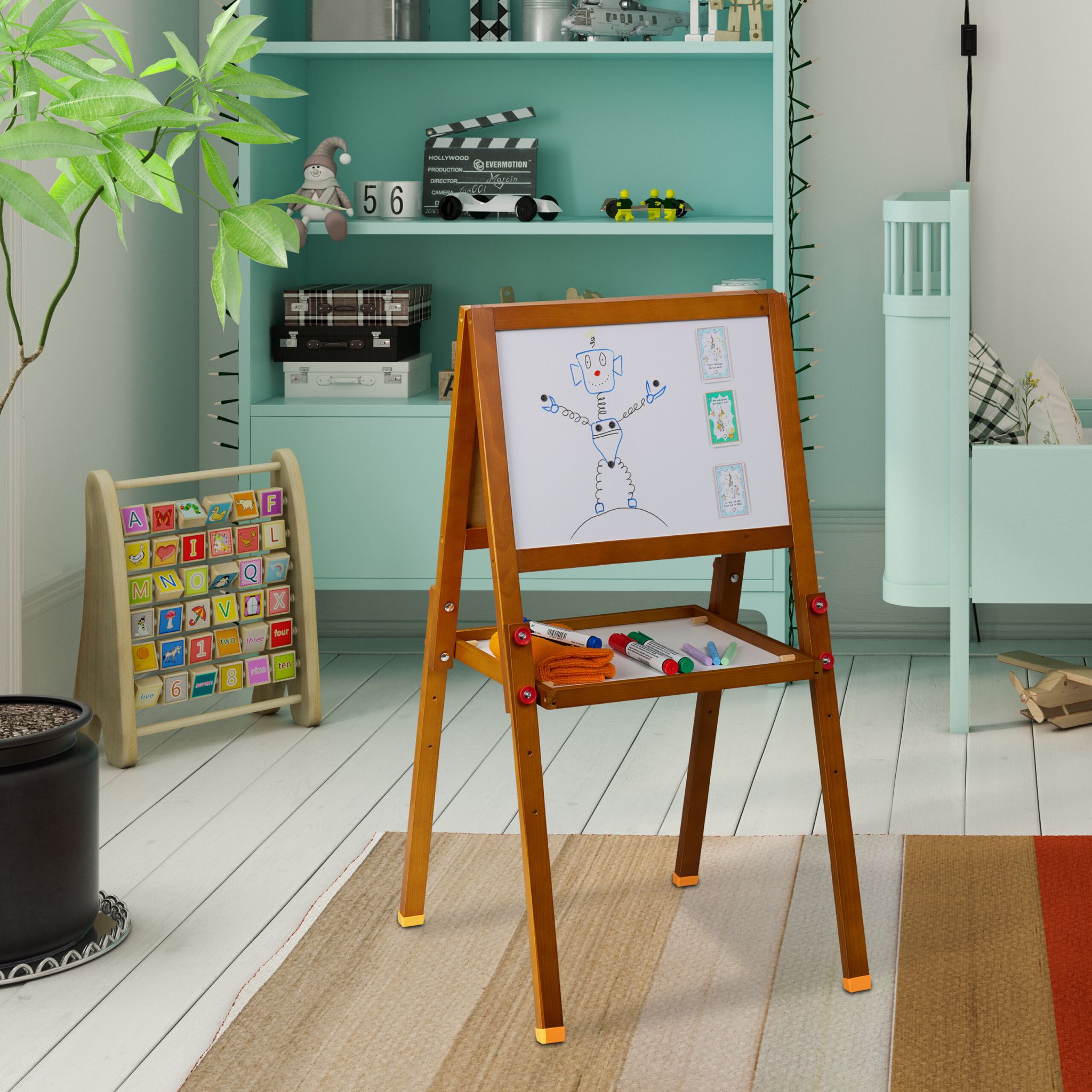 Kinderstandtafel mit Whiteboard Weiss-Dunkelbraun-Dunkelgrün