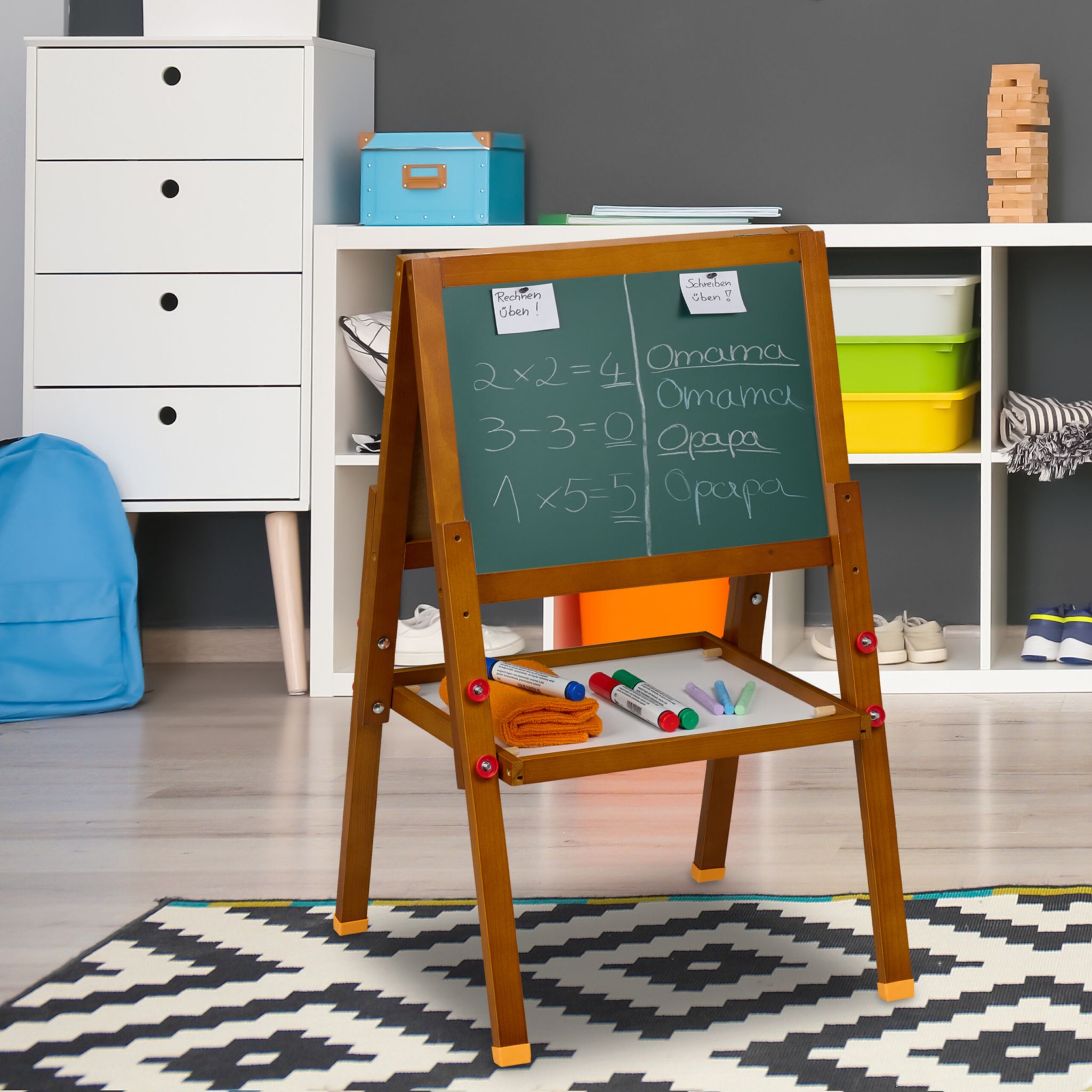 Kinderstandtafel mit Whiteboard Weiss-Dunkelbraun-Dunkelgrün