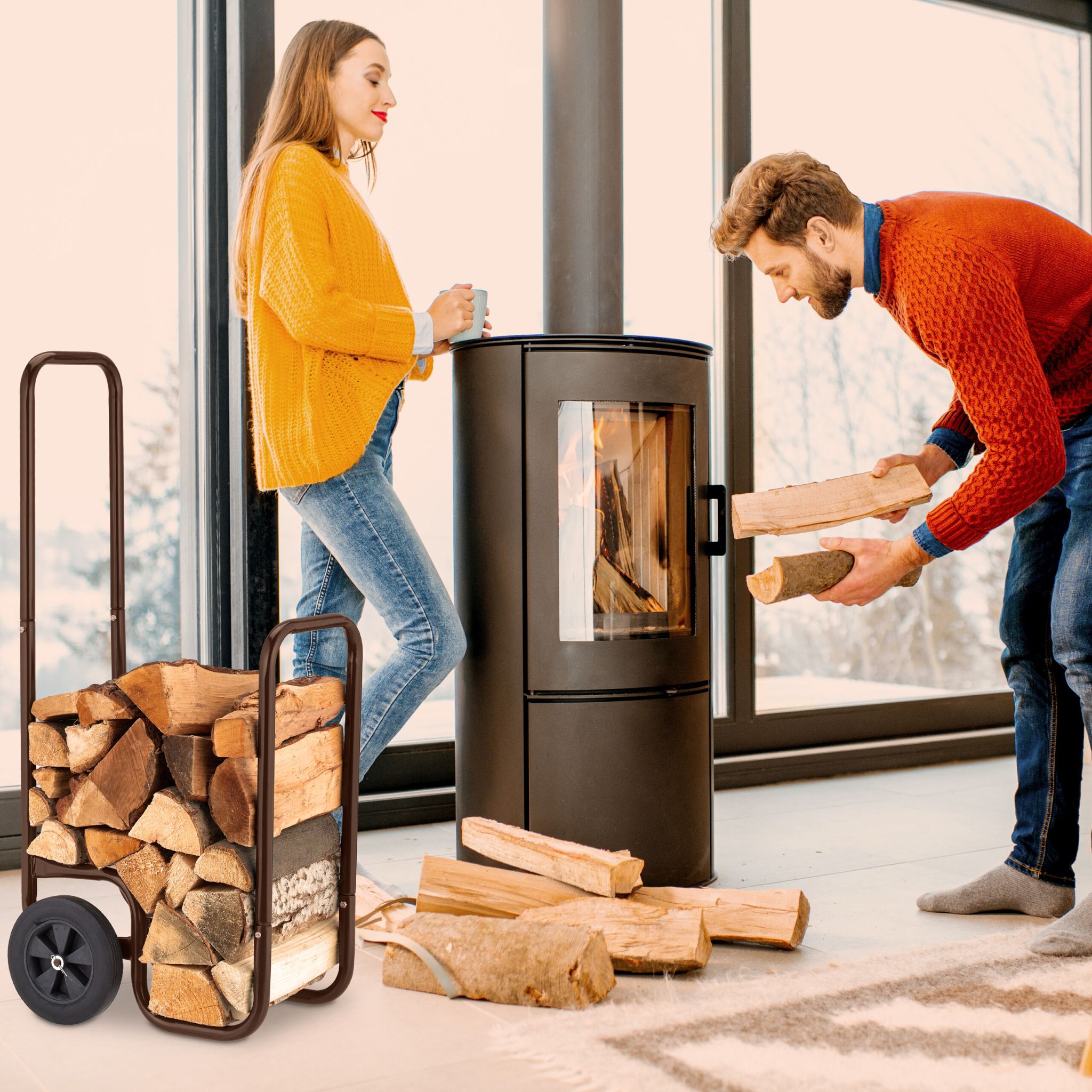 Kaminholzwagen mit Gummireifen Braun von Relaxdays
