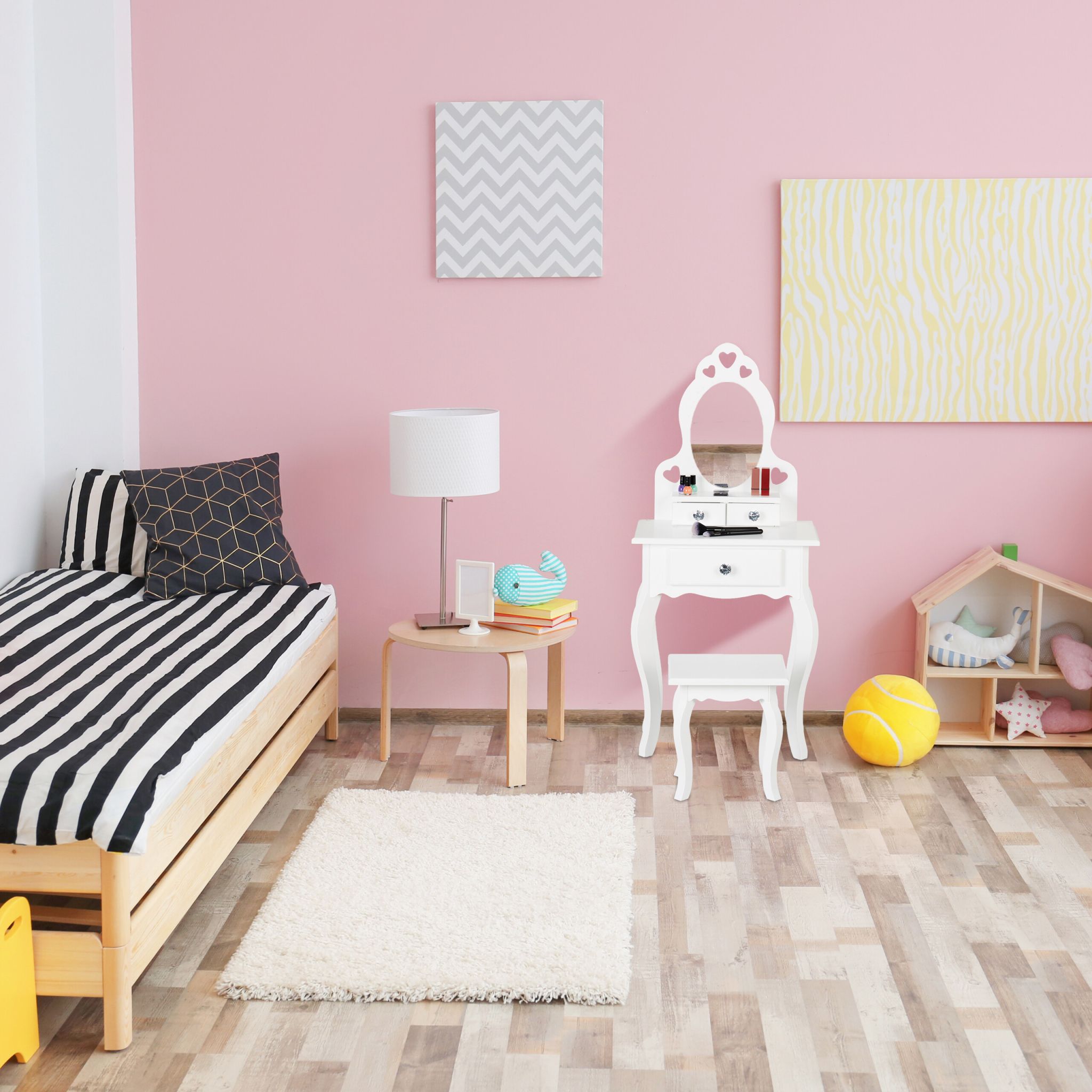 Kinder Schminktisch mit Hocker Weiss-Silber von Relaxdays