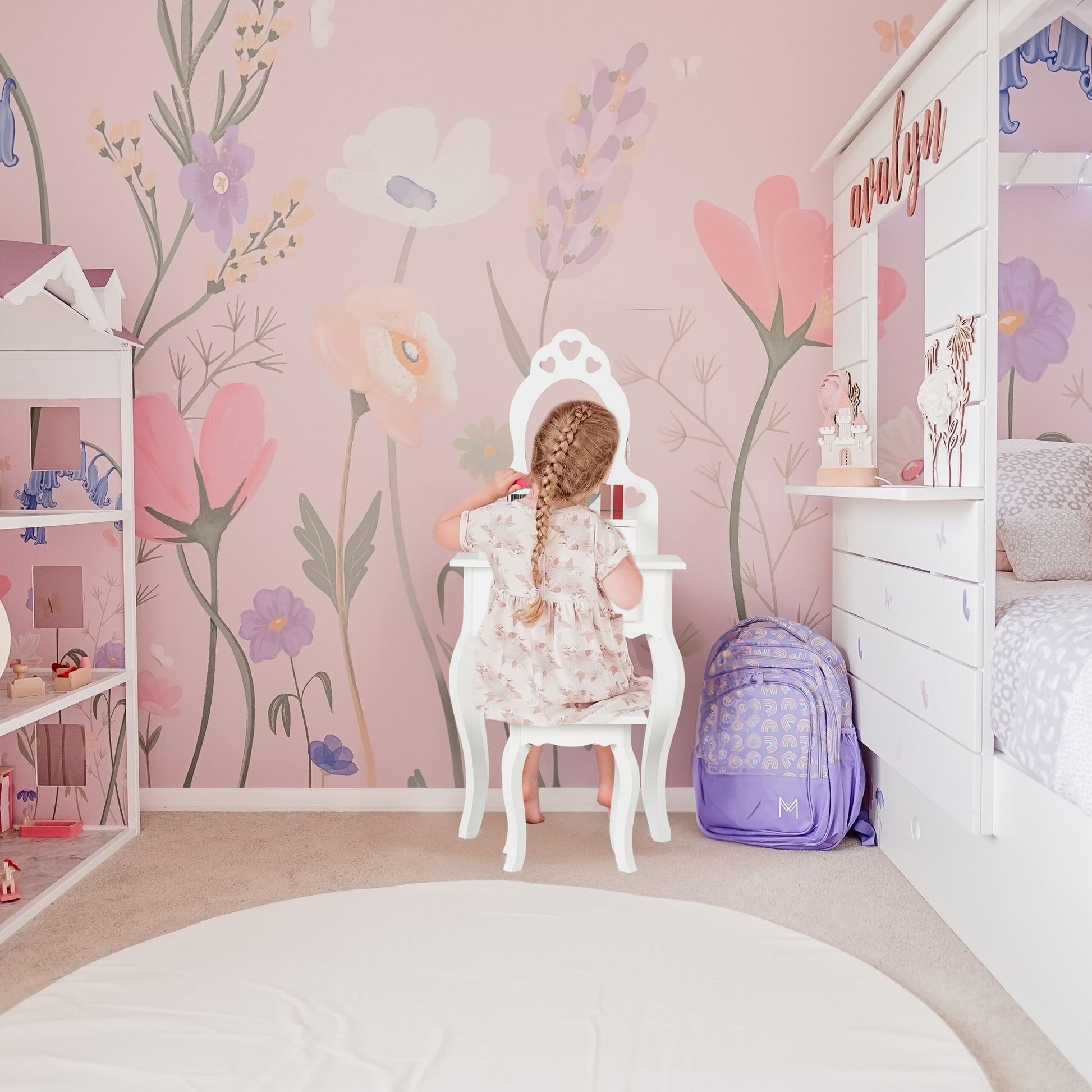 Kinder Schminktisch mit Hocker Weiss-Silber von Relaxdays