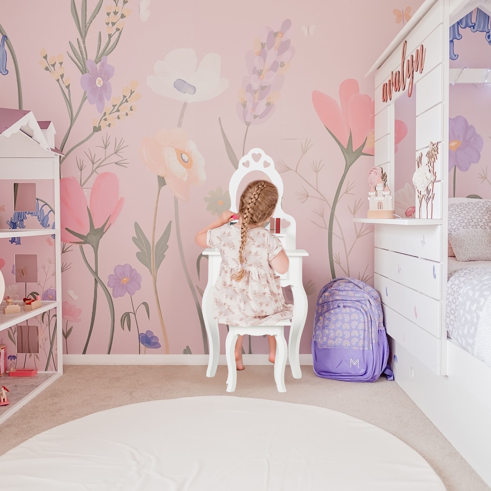 Kinder Schminktisch mit Hocker Weiss-Silber von Relaxdays
