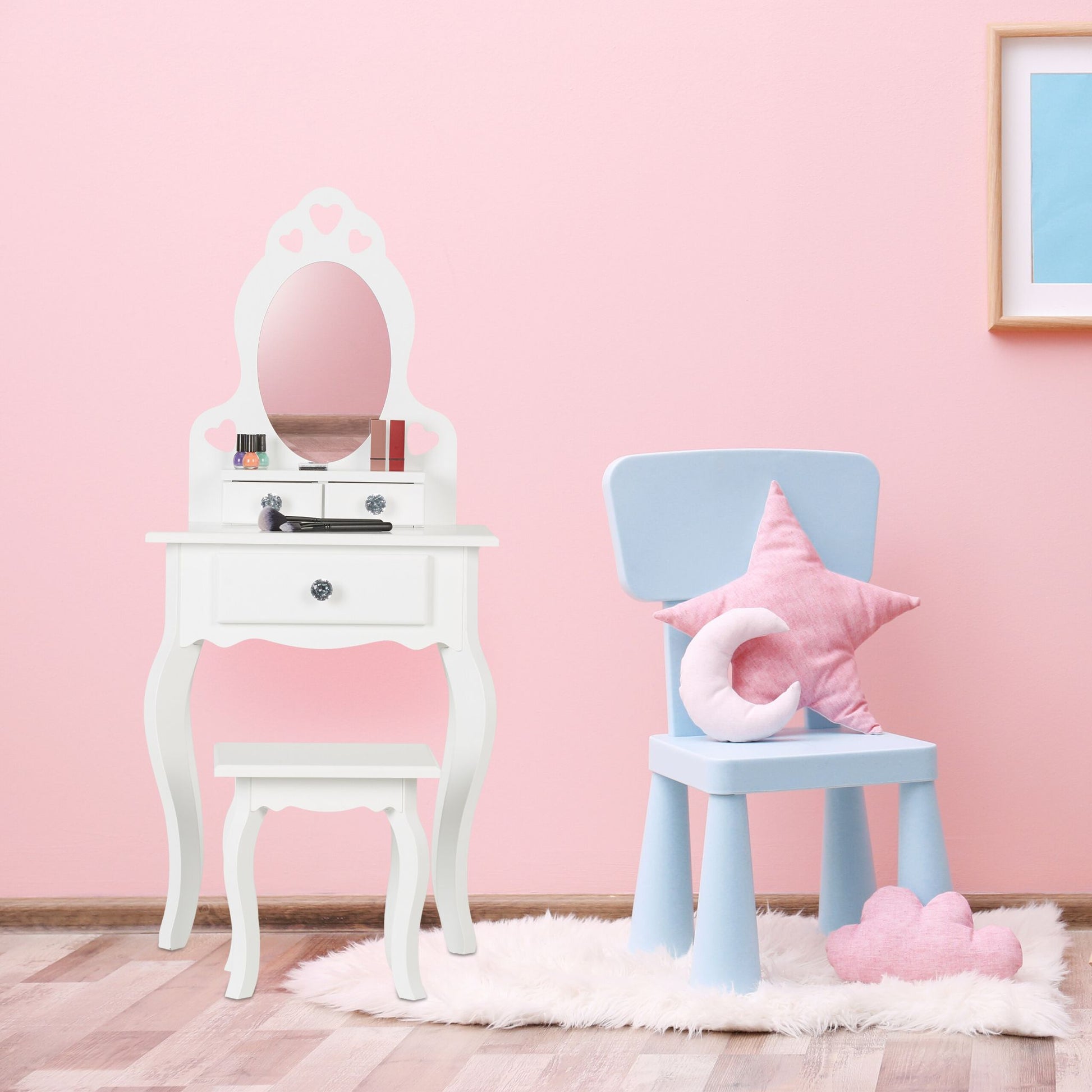 Kinder Schminktisch mit Hocker Weiss-Silber von Relaxdays