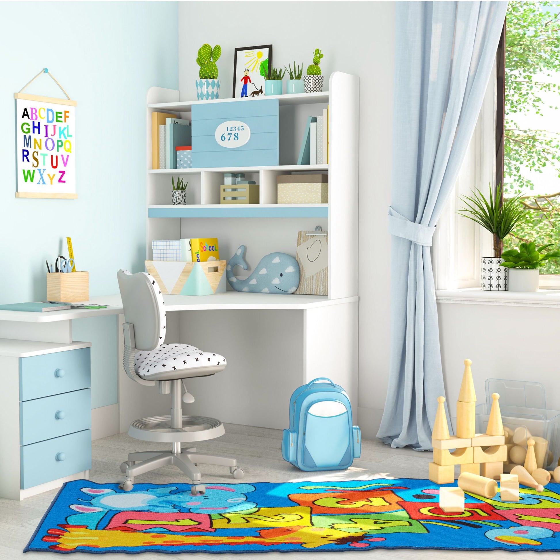 Kinderteppich Hüpfkästchen mit Tieren Blau-Gelb-Grün von guteszeug.ch
