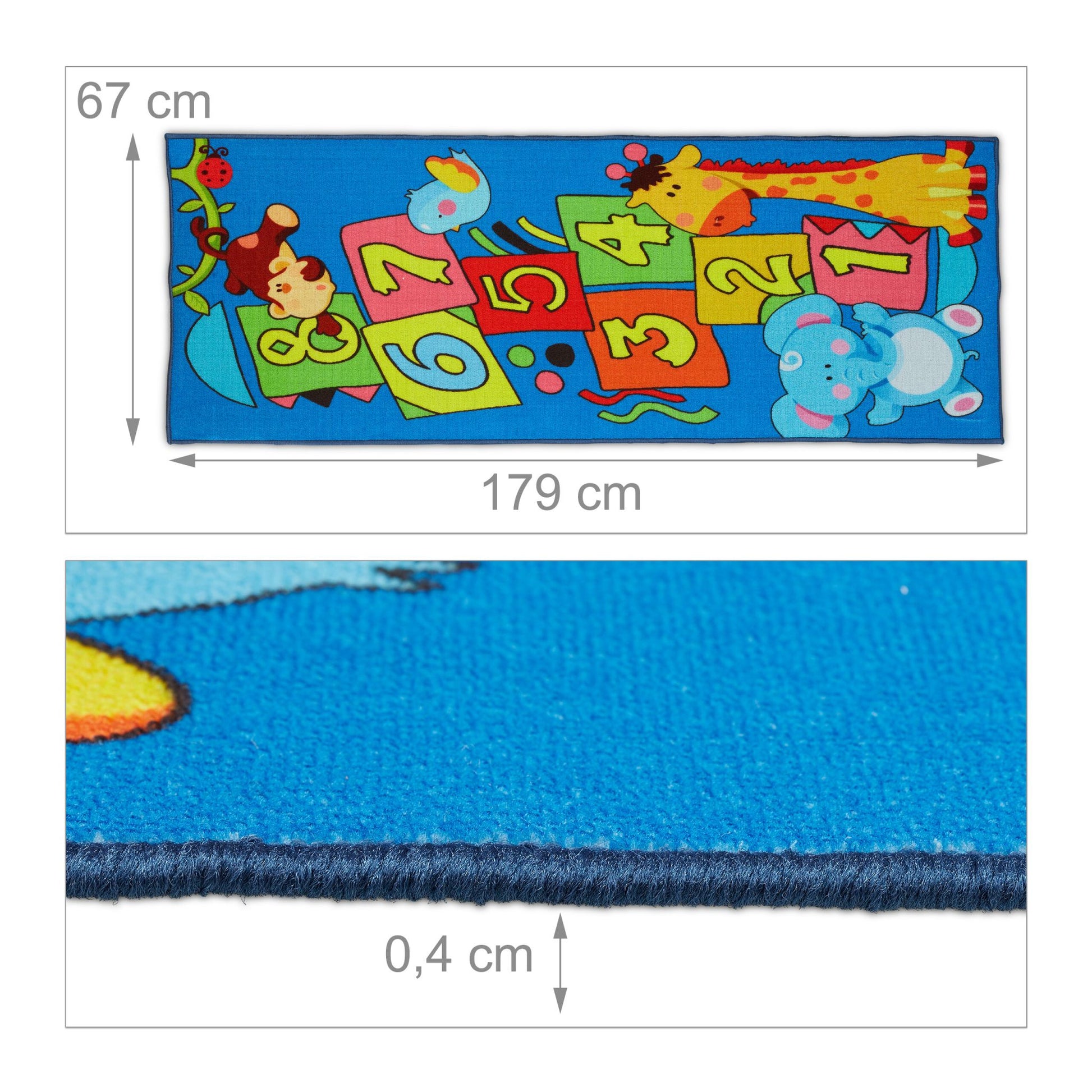 Kinderteppich Hüpfkästchen mit Tieren Blau-Gelb-Grün von guteszeug.ch