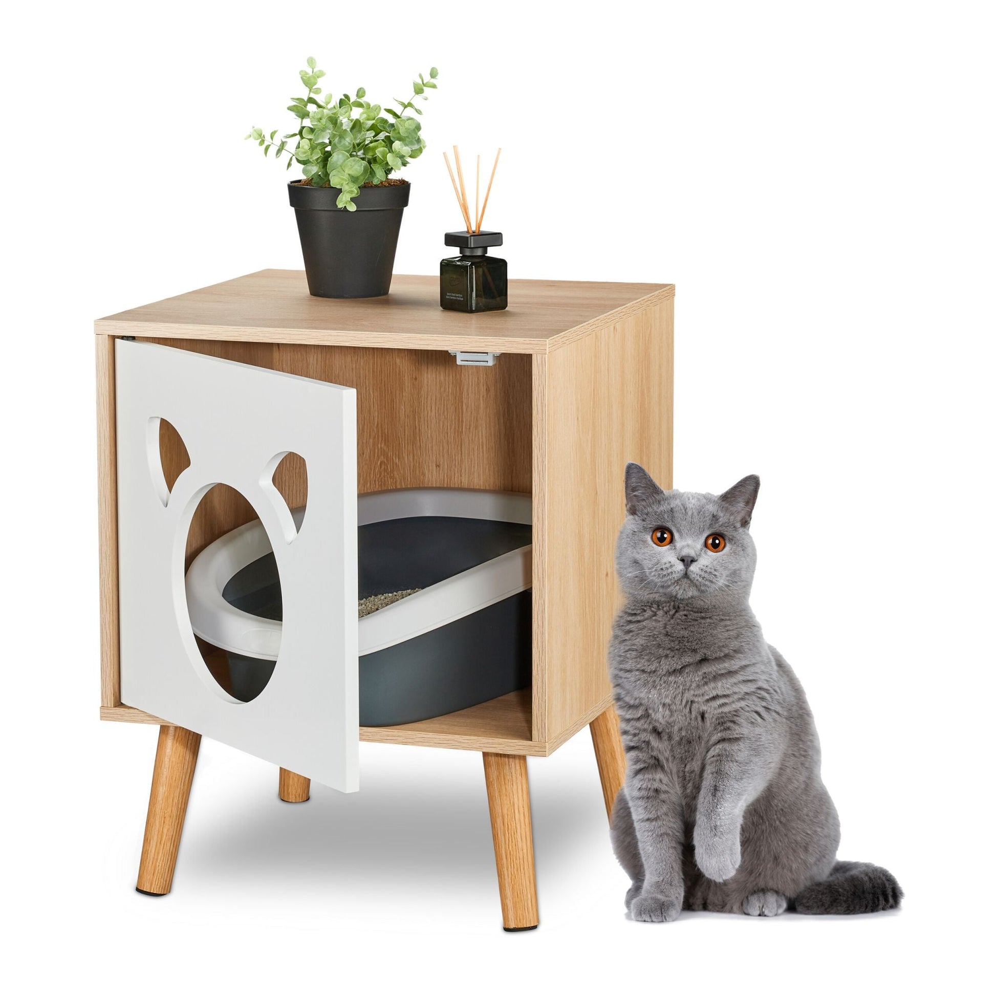 Katzenschrank mit aufklappbarer Tür Weiss-Hellbraun von Relaxdays