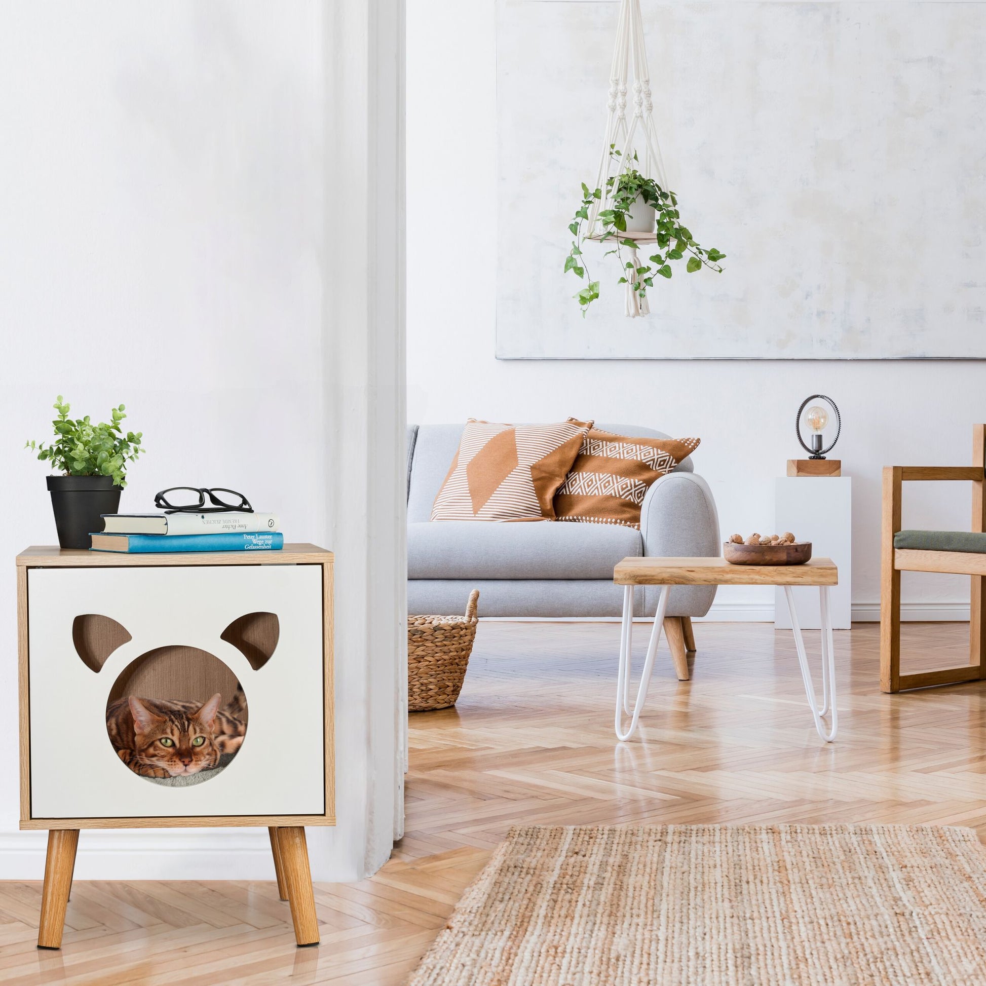 Katzenschrank mit aufklappbarer Tür Weiss-Hellbraun von Relaxdays