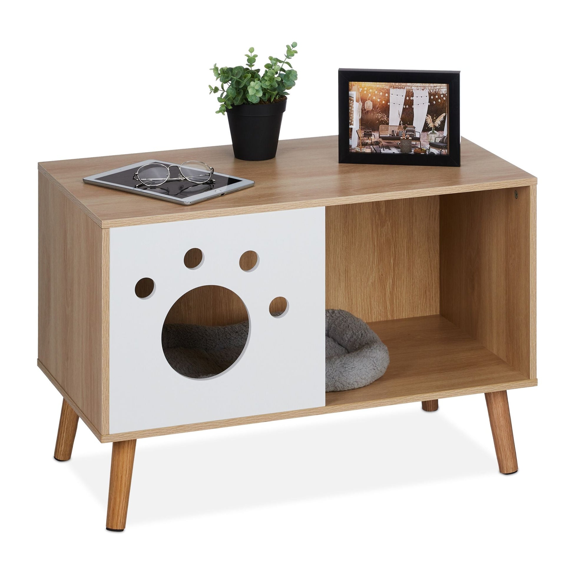 Katzenschrank mit Eingang Weiss-Hellbraun von Relaxdays