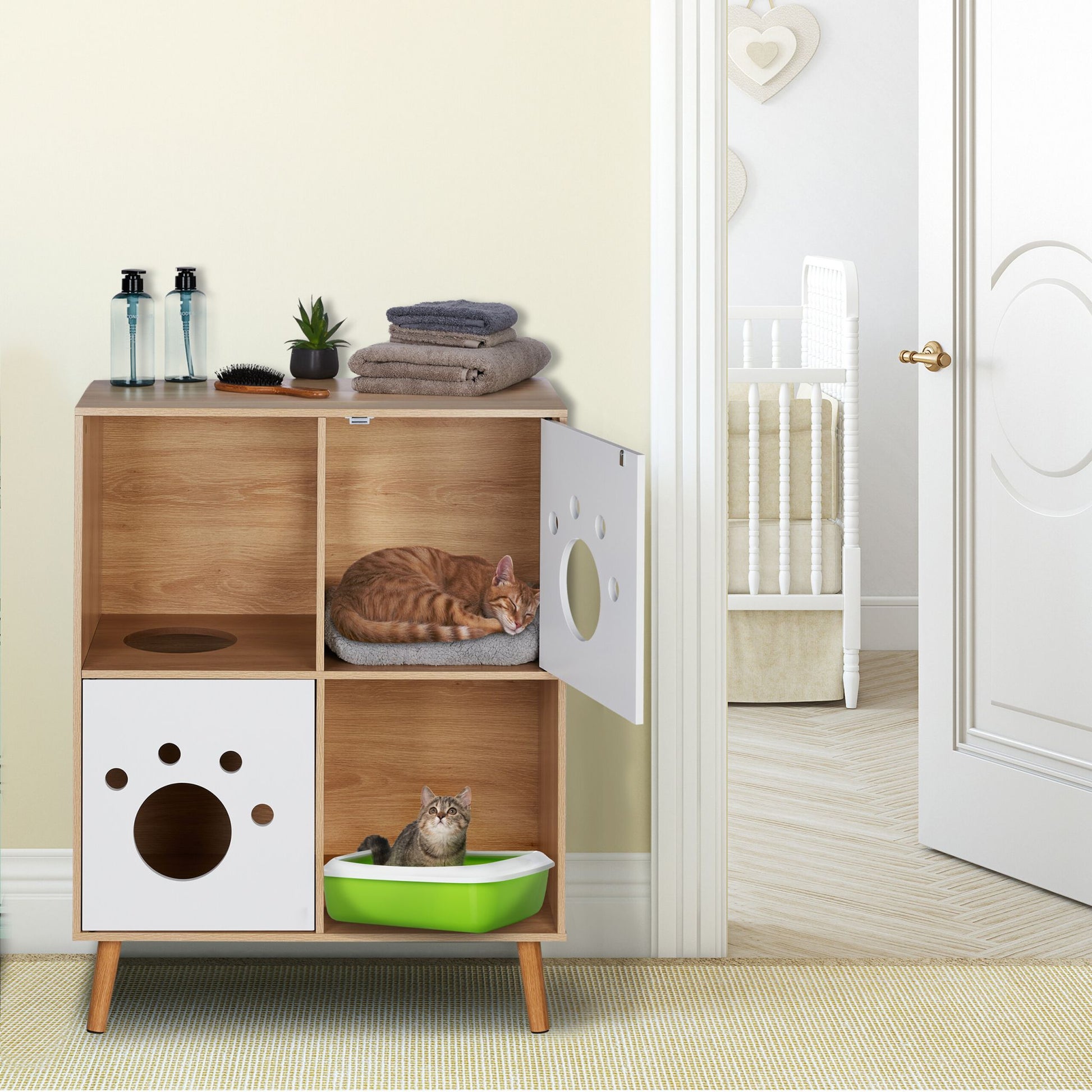 Katzenschrank mit 4 Fächern Weiss-Hellbraun von Relaxdays
