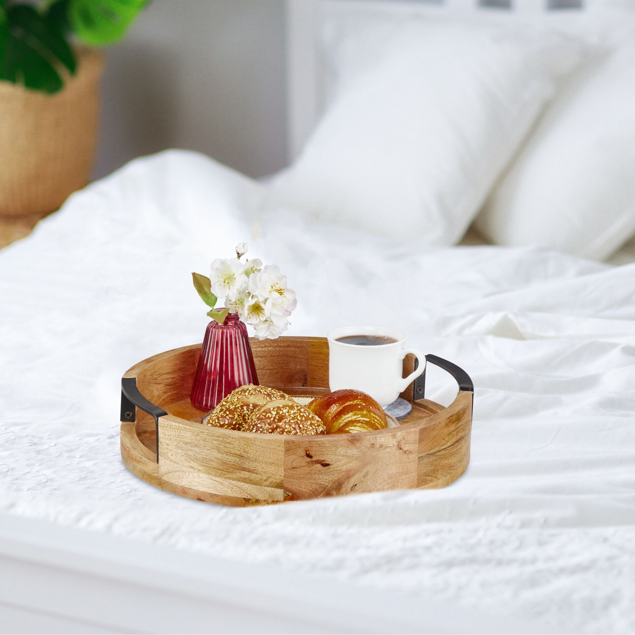 Rundes Tablett Mangoholz Hellbraun-Schwarz von Relaxdays