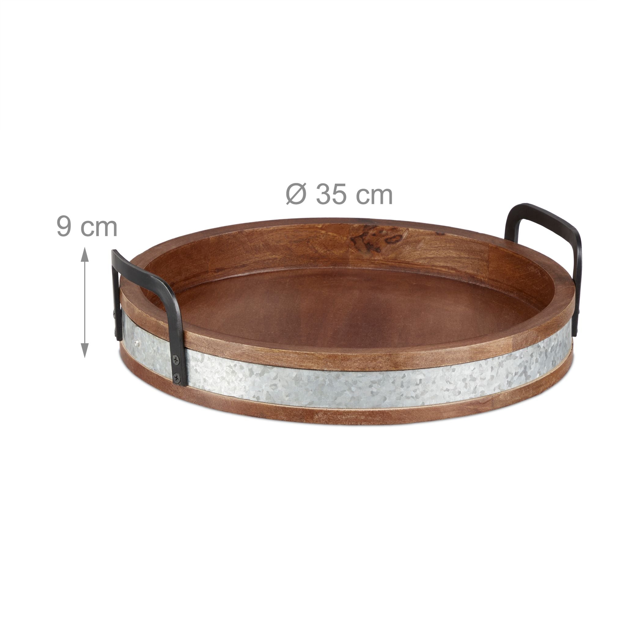 Mangoholz Tablett mit Metallrand Braun-Schwarz-Silber