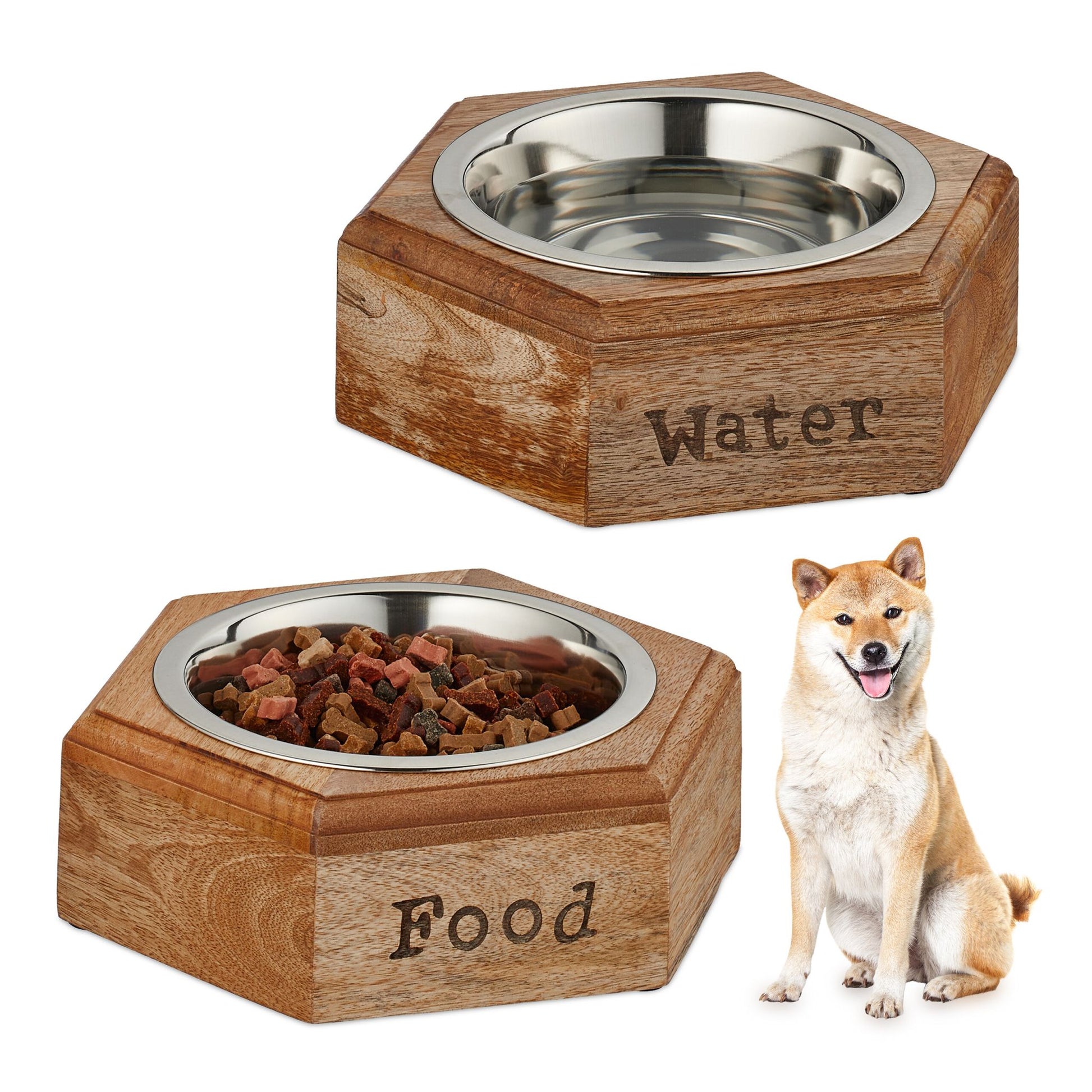 Hunde Napfset mit Holzhalterung Hellbraun-Silber von Relaxdays