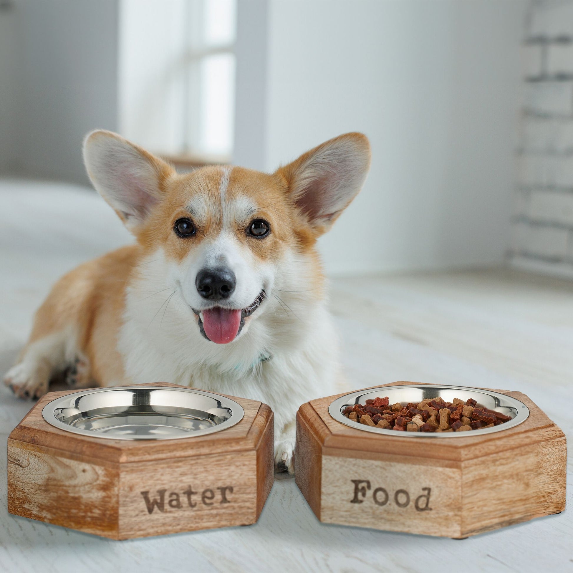 Hunde Napfset mit Holzhalterung Hellbraun-Silber von Relaxdays