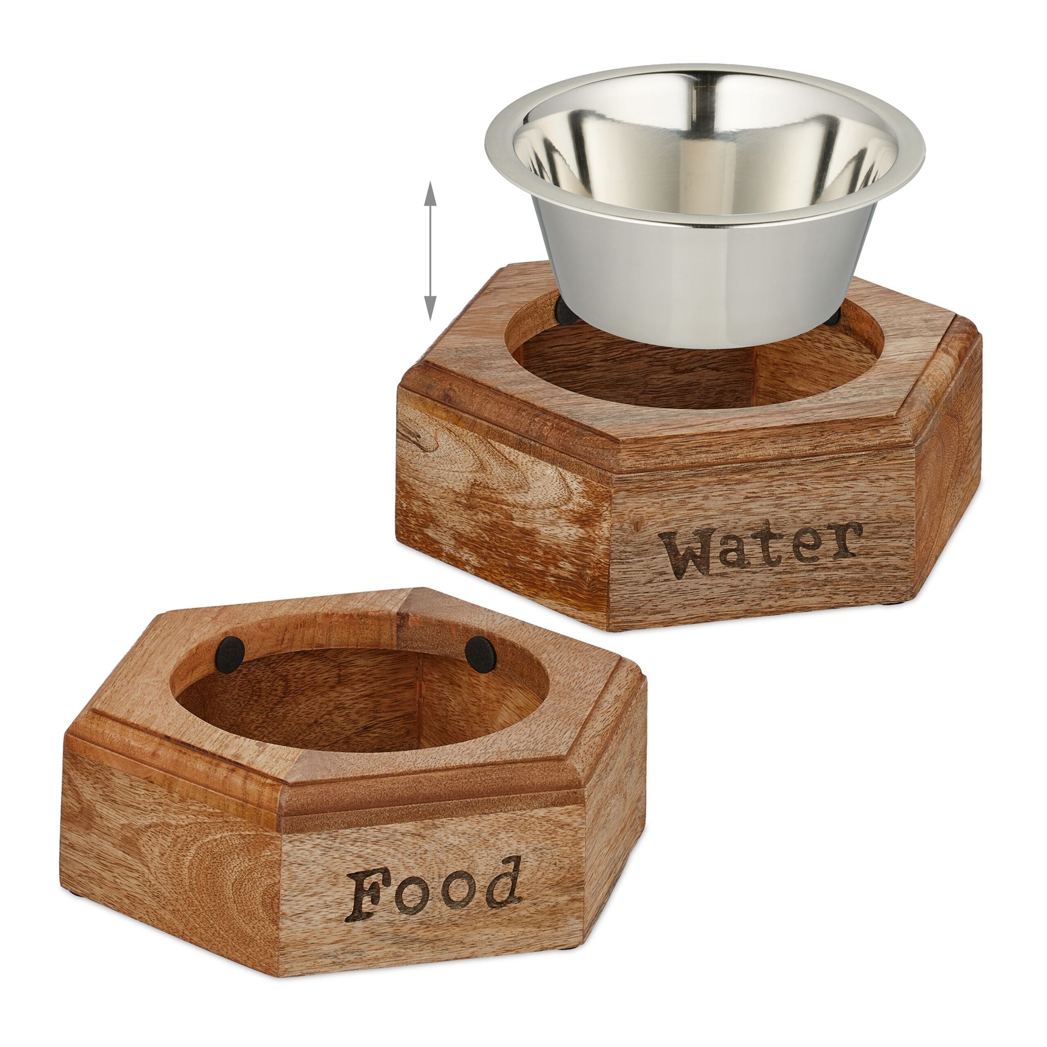 Hunde Napfset mit Holzhalterung Hellbraun-Silber von Relaxdays