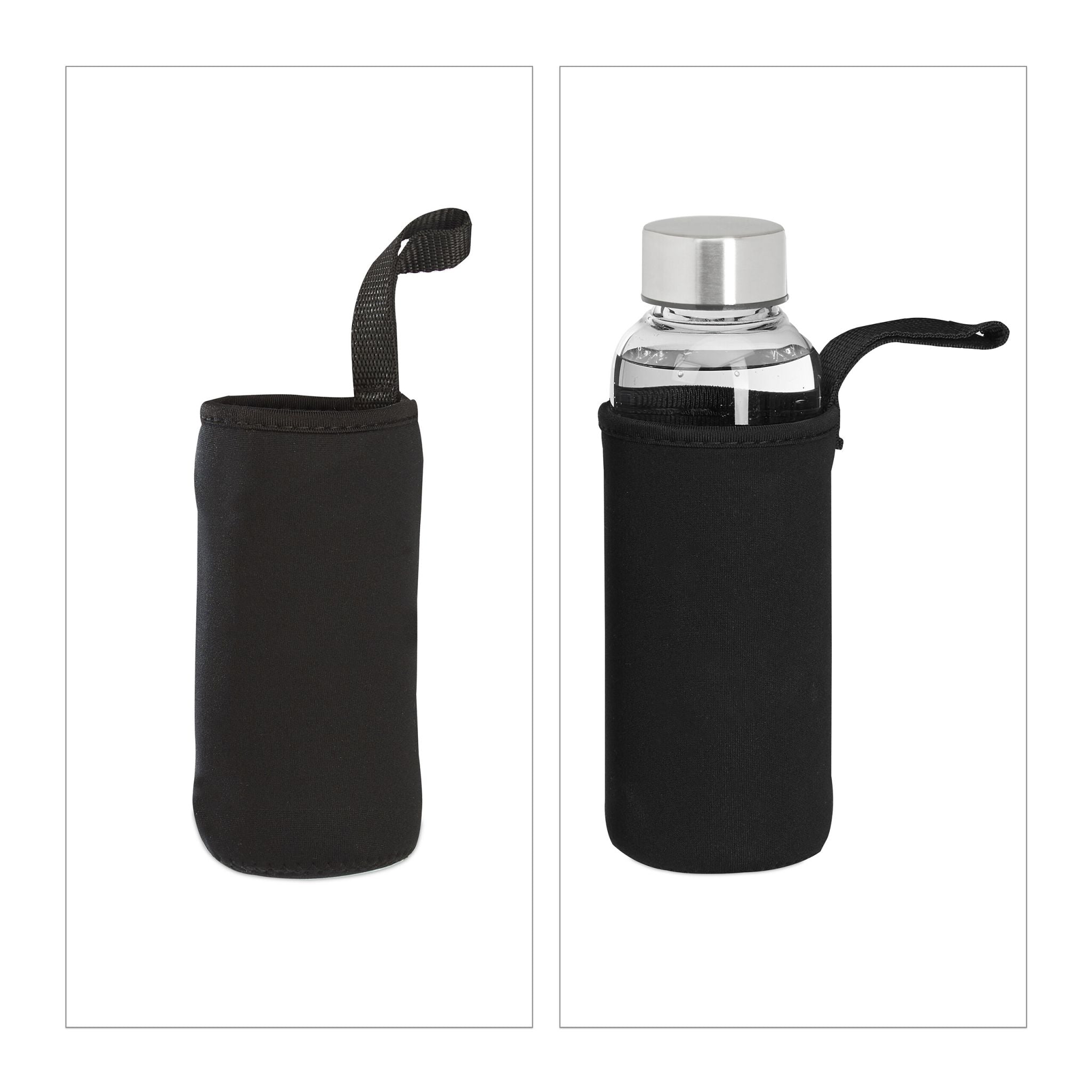 Trinkflasche Glas 360ml Schwarz-Silber-Transparent von Relaxdays
