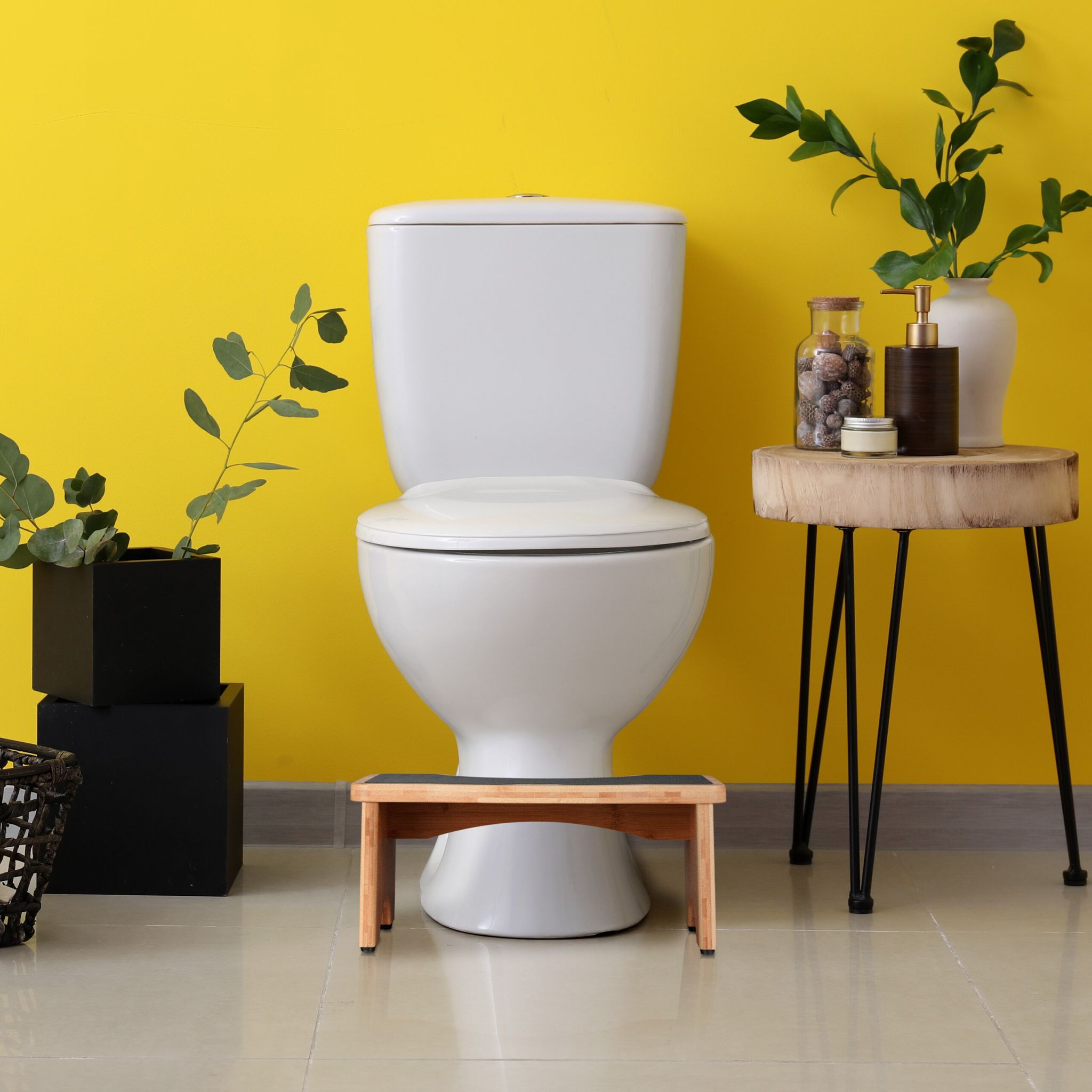 Toilettenhocker Bambus Hellbraun-Schwarz von Relaxdays