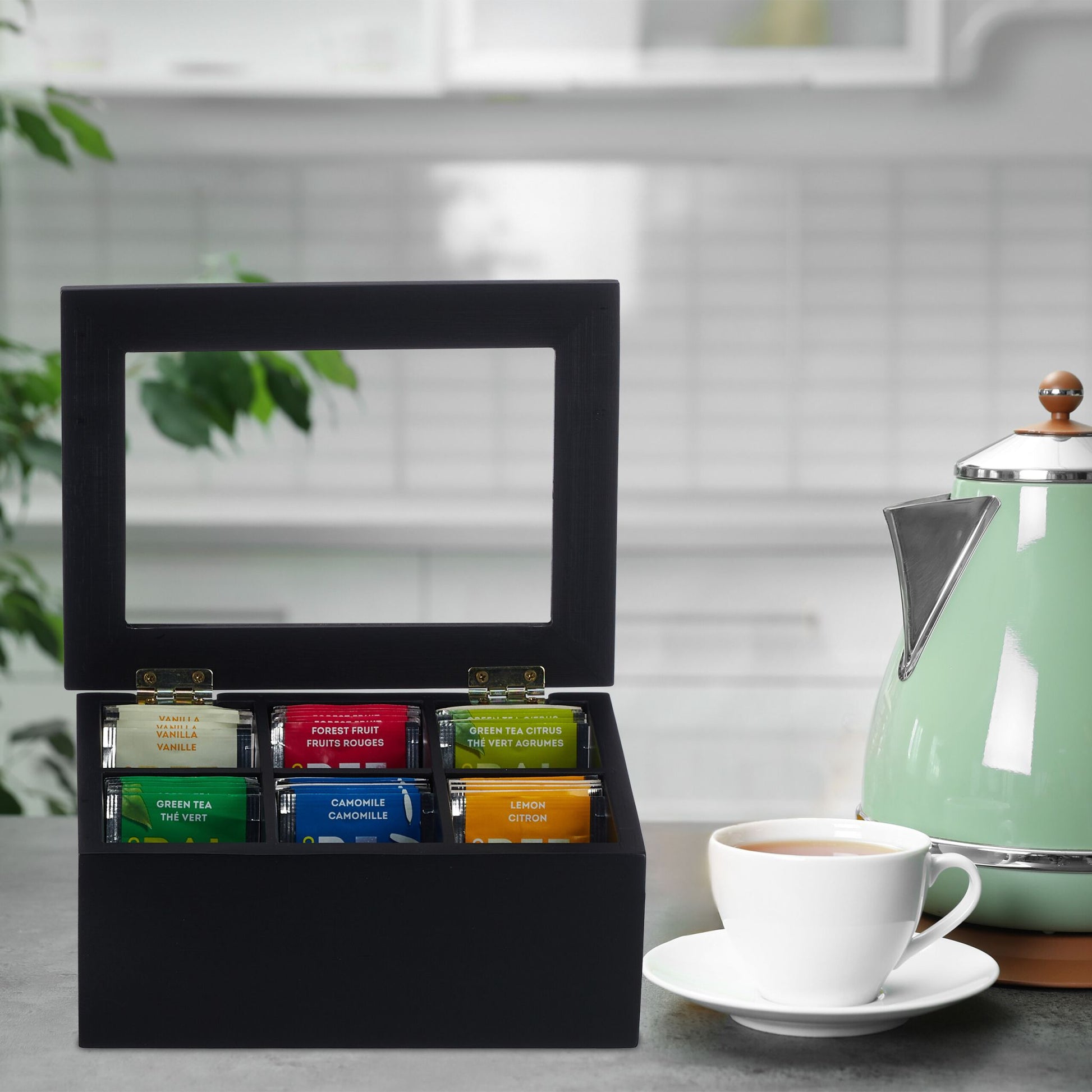 Teebox mit 6 Fächern Schwarz-Transparent von Relaxdays