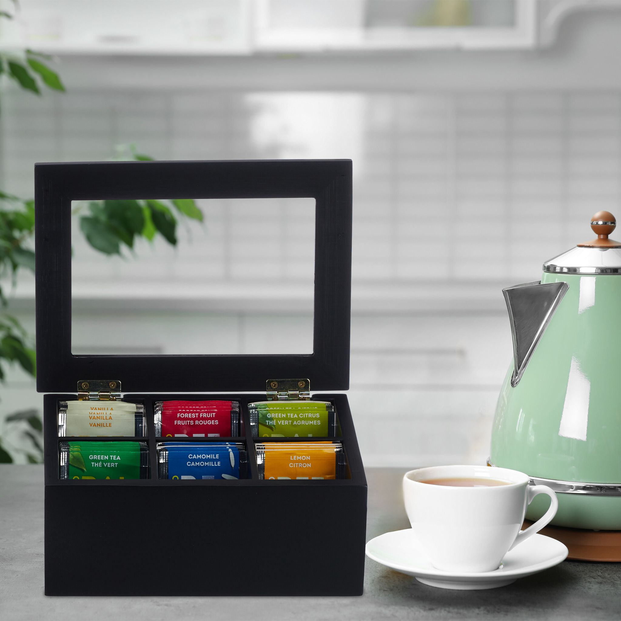 Teebox mit 6 Fächern Schwarz-Transparent von Relaxdays