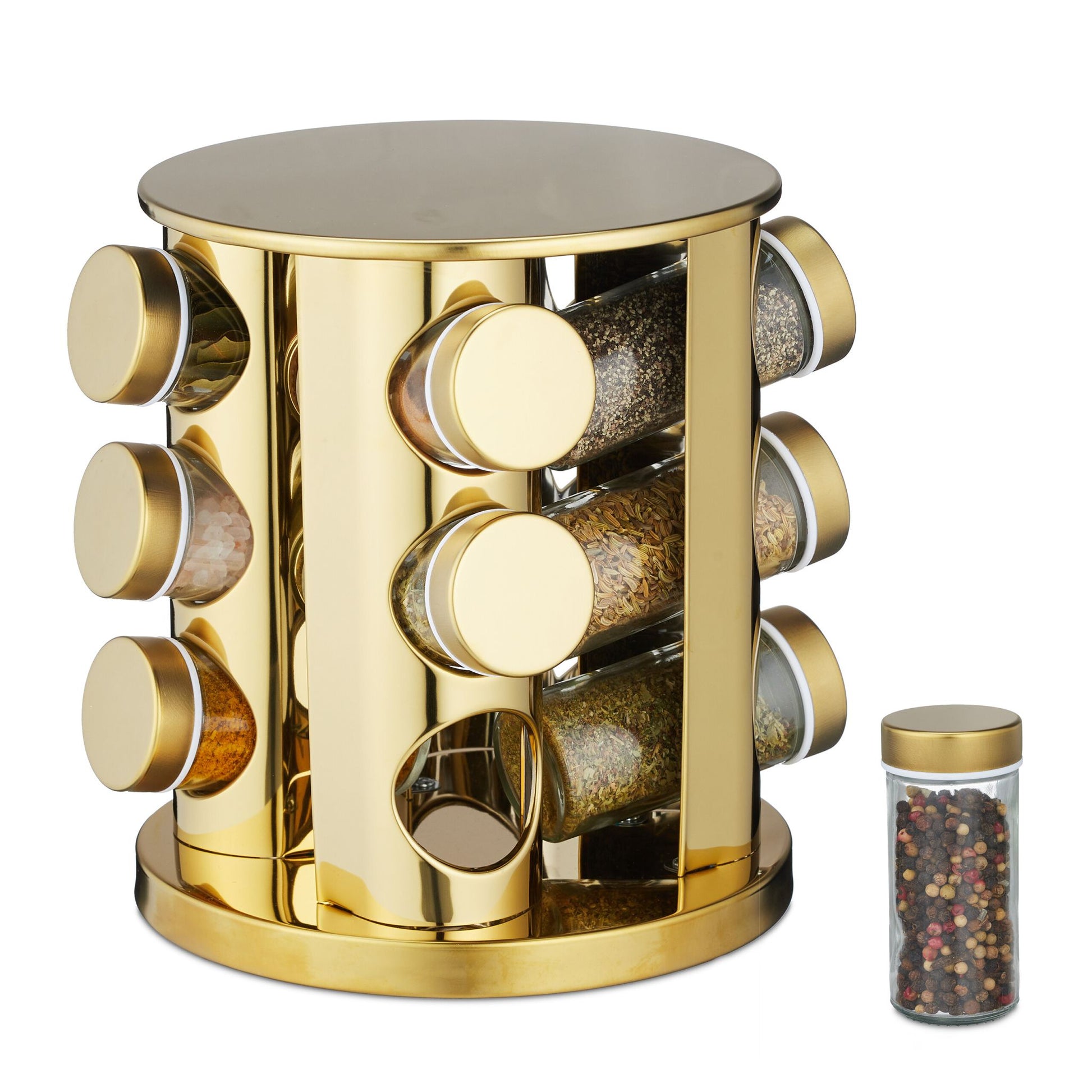 Gewürzkarussell mit 12 Gläsern Weiss-Gold-Transparent von Relaxdays