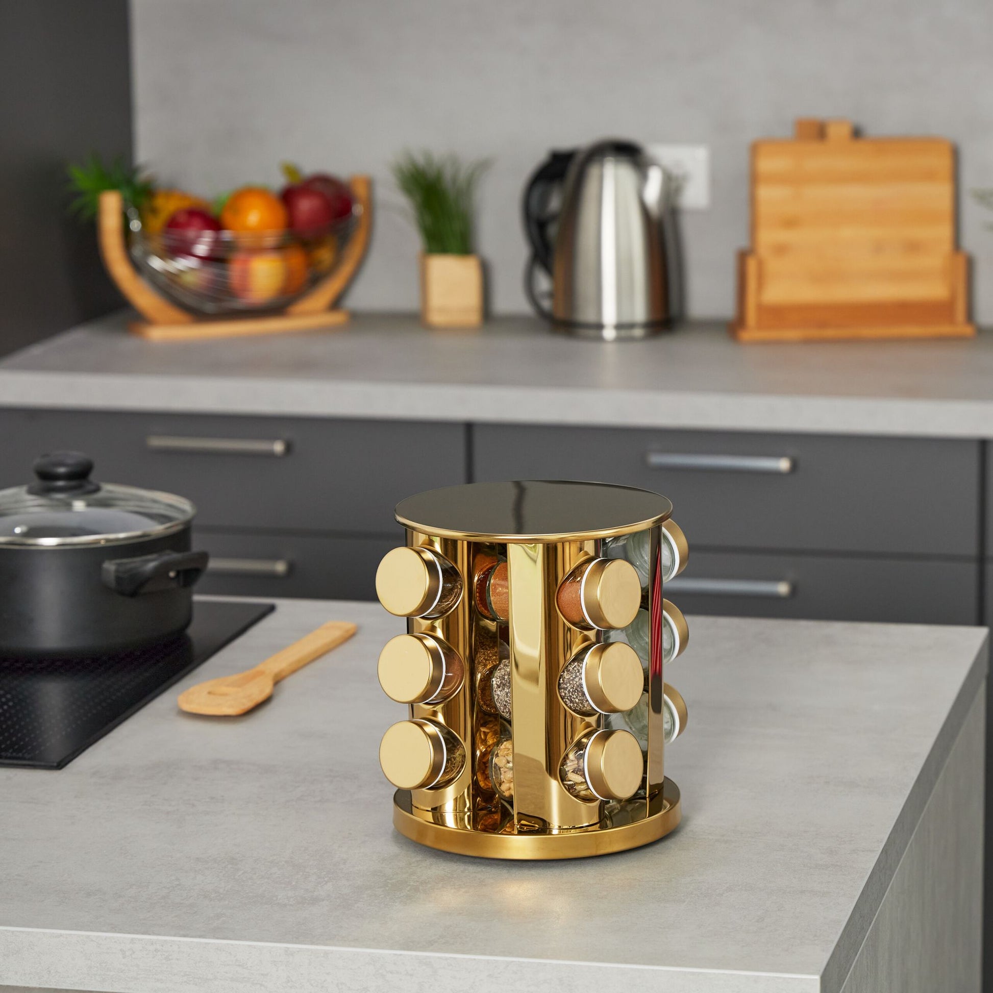 Gewürzkarussell mit 12 Gläsern Weiss-Gold-Transparent von Relaxdays