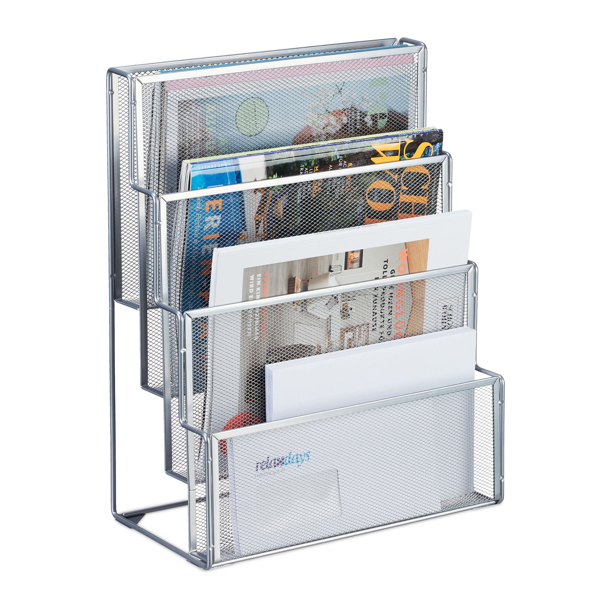 Zeitschriftenhalter Metall 4 Fächer Silber von Relaxdays
