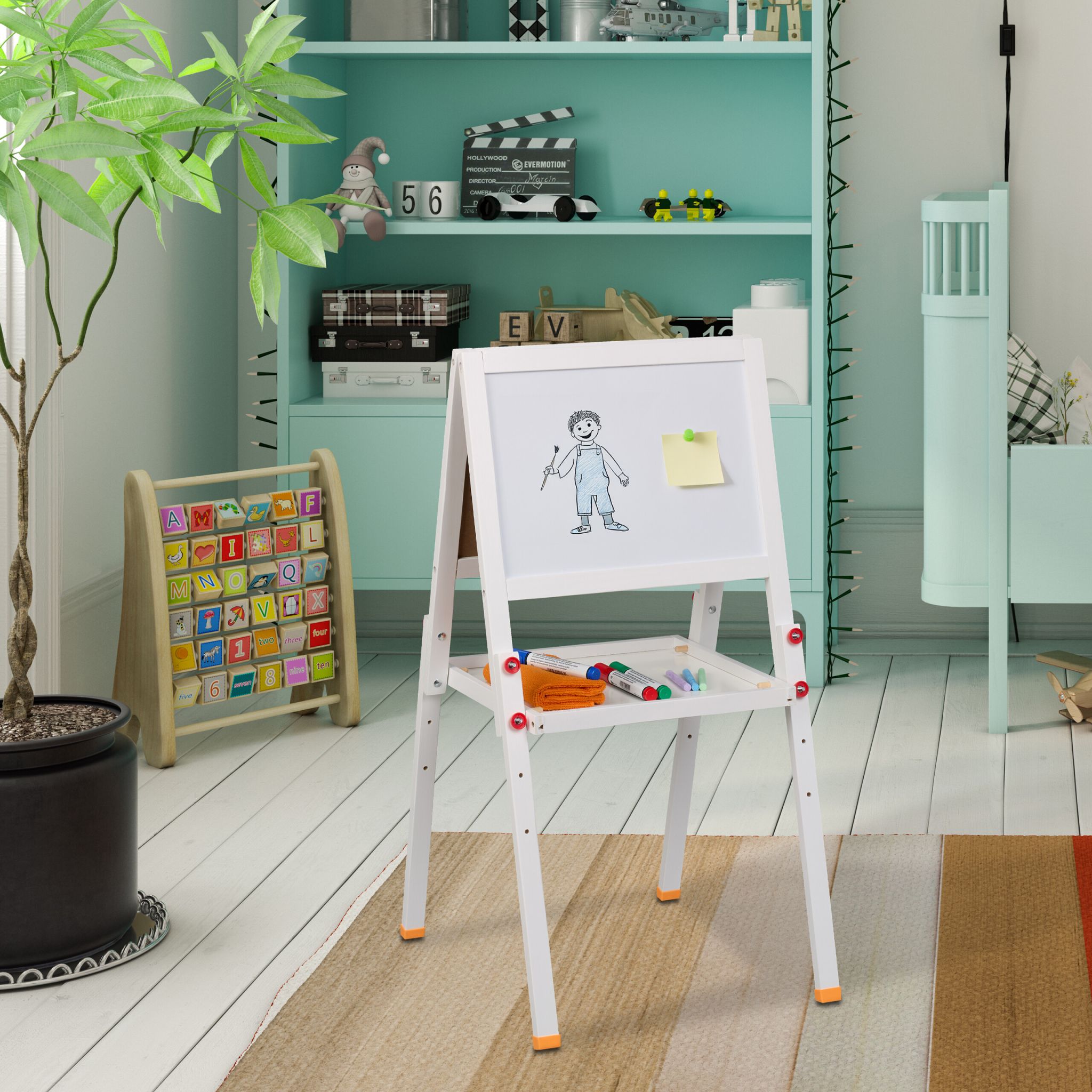 Kinderstandtafel mit Whiteboard Weiss-Dunkelgrün