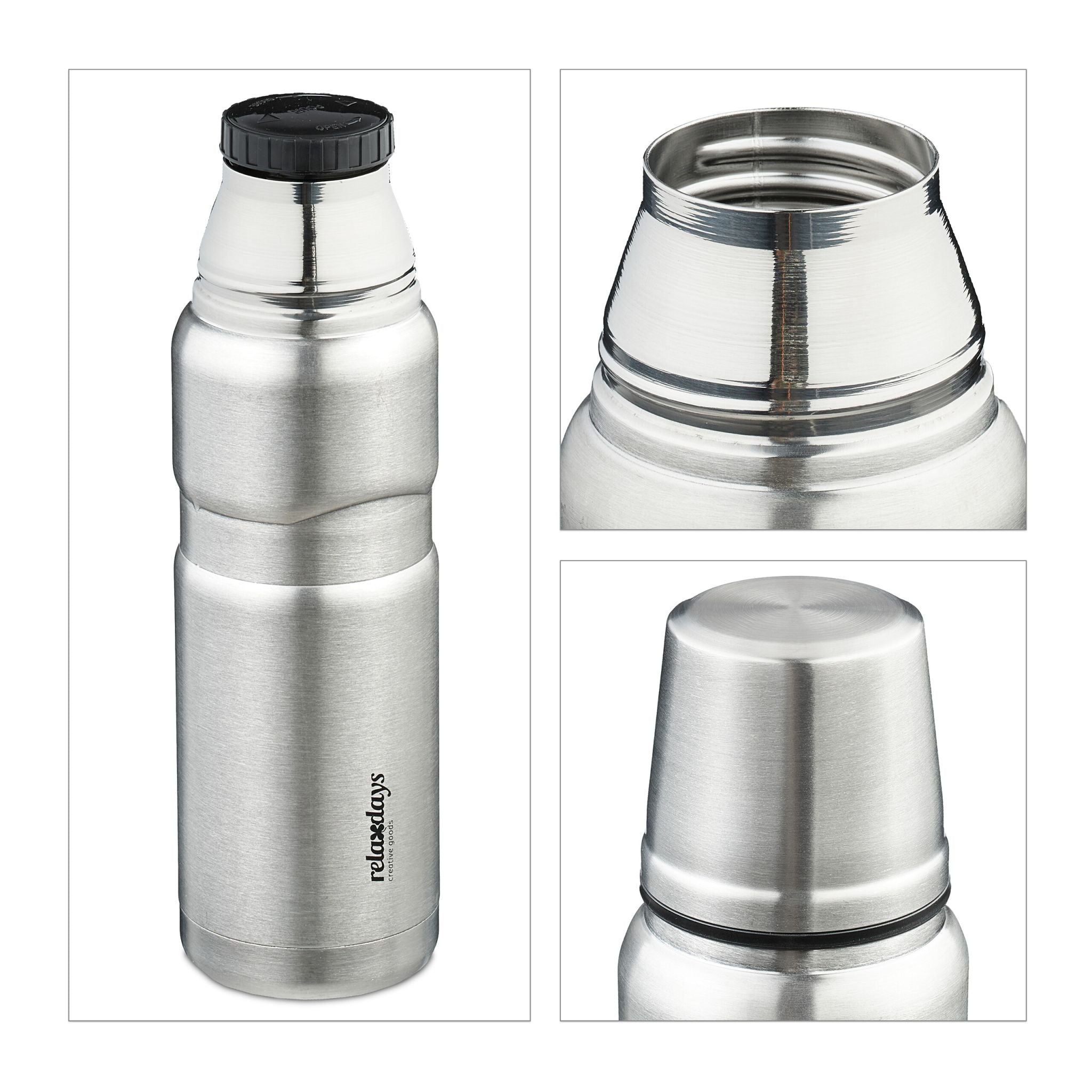 Trinkflasche mit Becher 500ml Schwarz-Silber von Relaxdays
