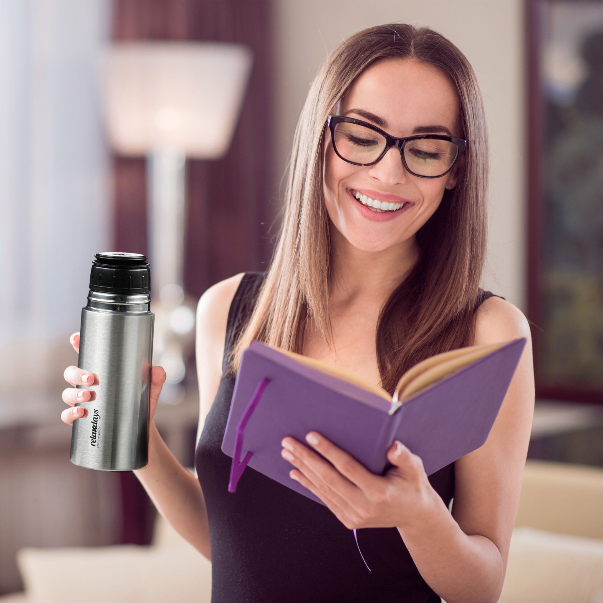 Trinkflasche Edelstahl 300ml mit Becher Schwarz-Silber von Relaxdays