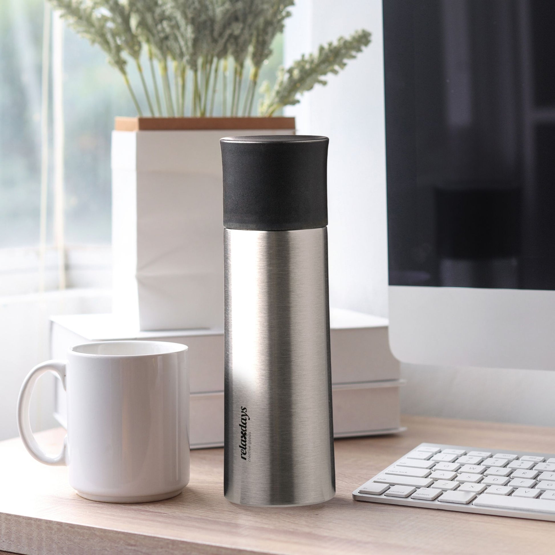 Trinkflasche Edelstahl 400ml mit Becher Schwarz-Silber von Relaxdays