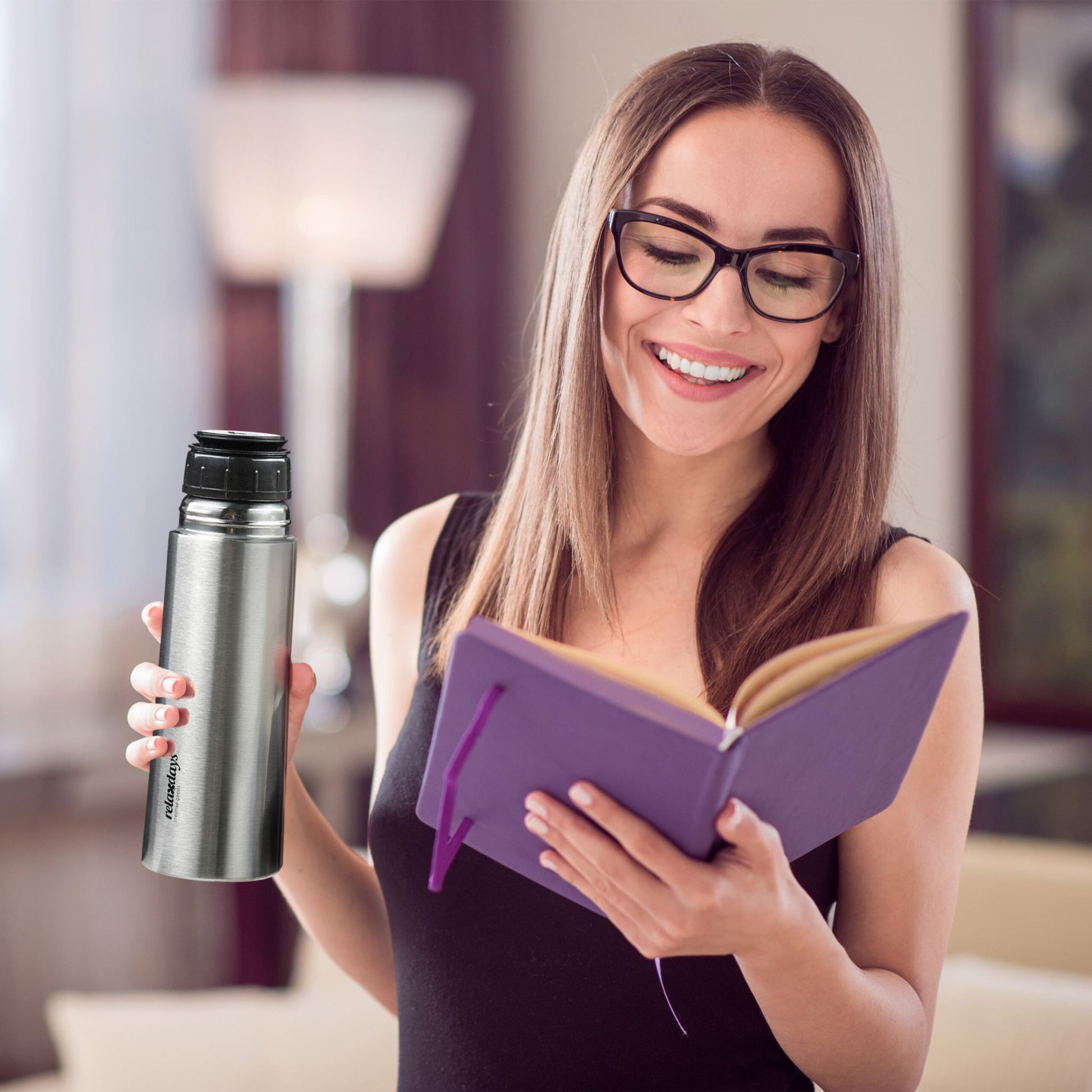 Trinkflasche Edelstahl 400ml mit Becher Schwarz-Silber von Relaxdays