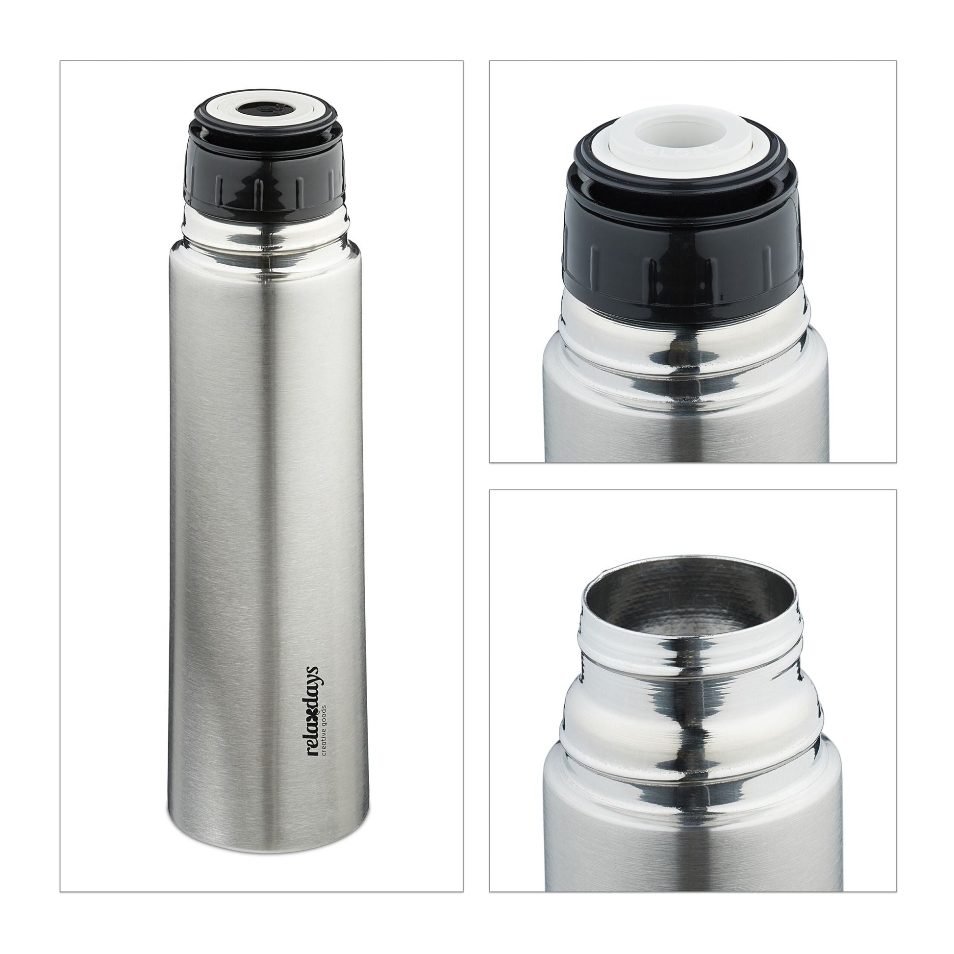 Trinkflasche Edelstahl 500ml mit Becher Schwarz-Silber von Relaxdays