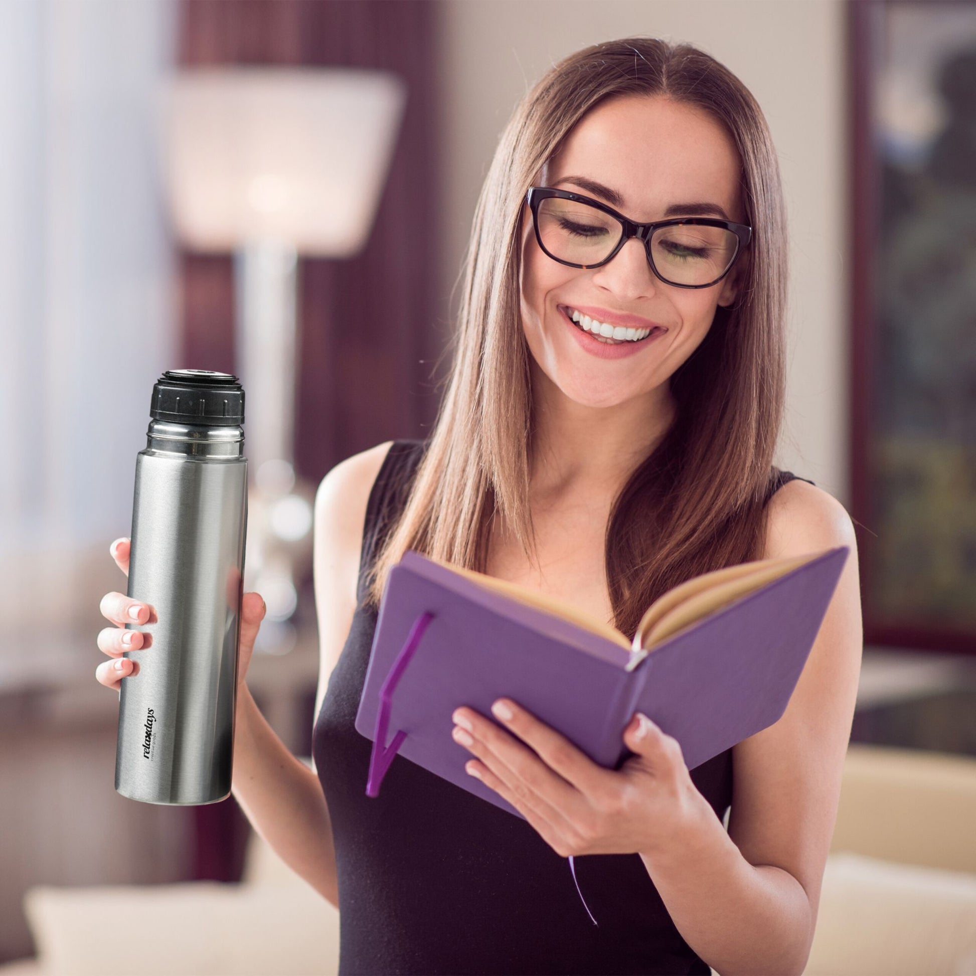 Trinkflasche Edelstahl 750ml mit Becher Schwarz-Silber von Relaxdays