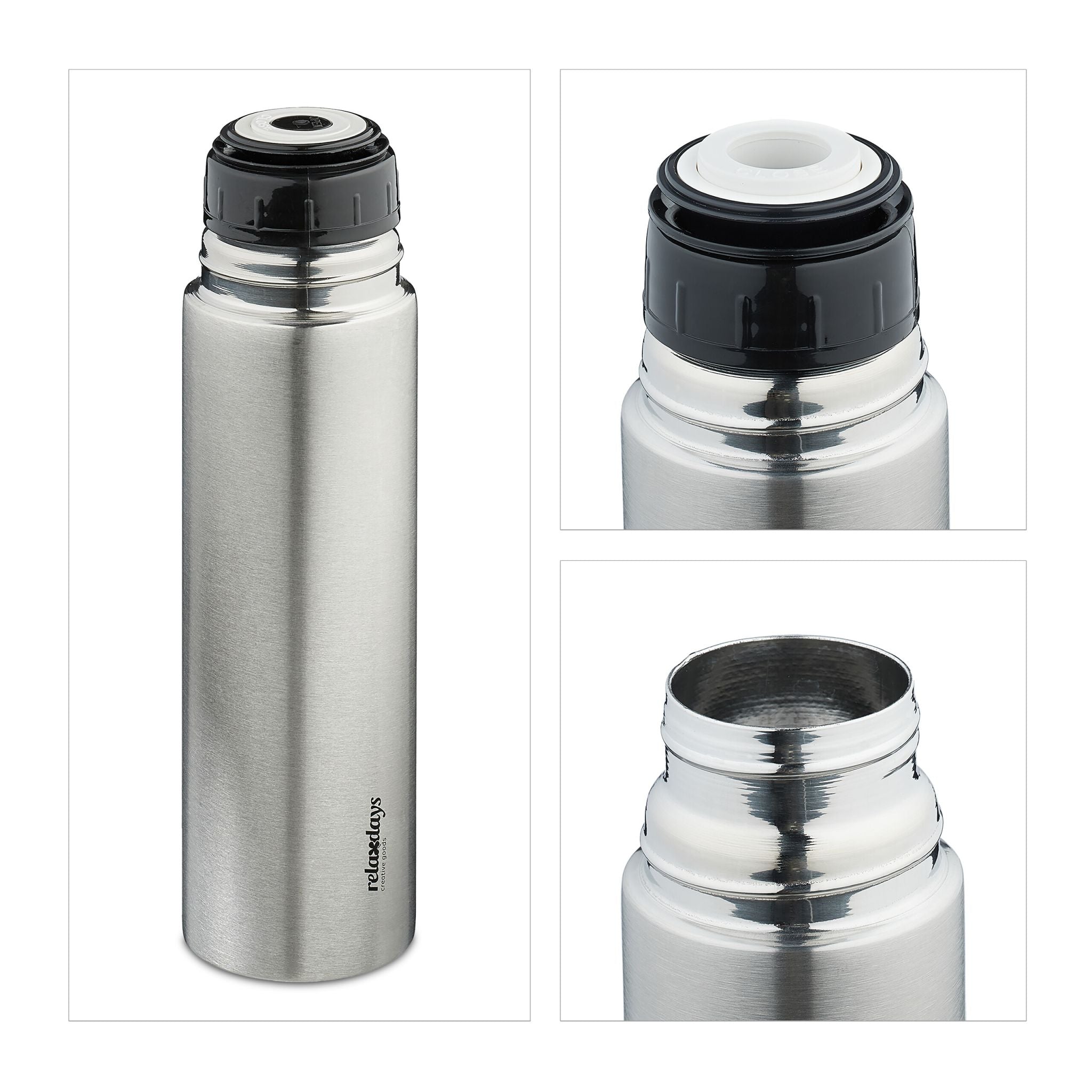 Trinkflasche Edelstahl 750ml mit Becher Schwarz-Silber von Relaxdays