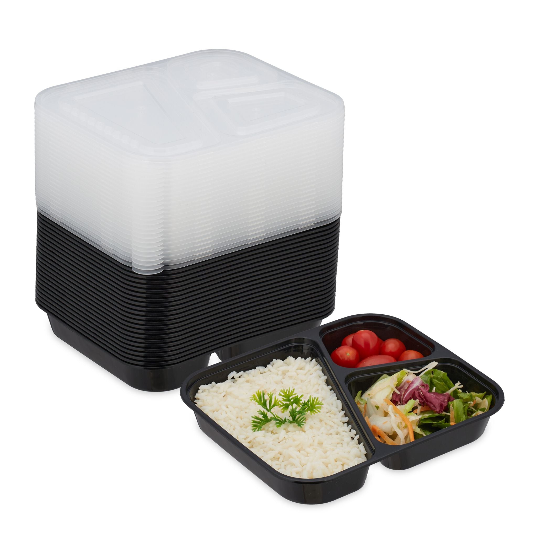 Meal Prep Boxen 24 Set 3 Fächer Schwarz-Transparent von Relaxdays